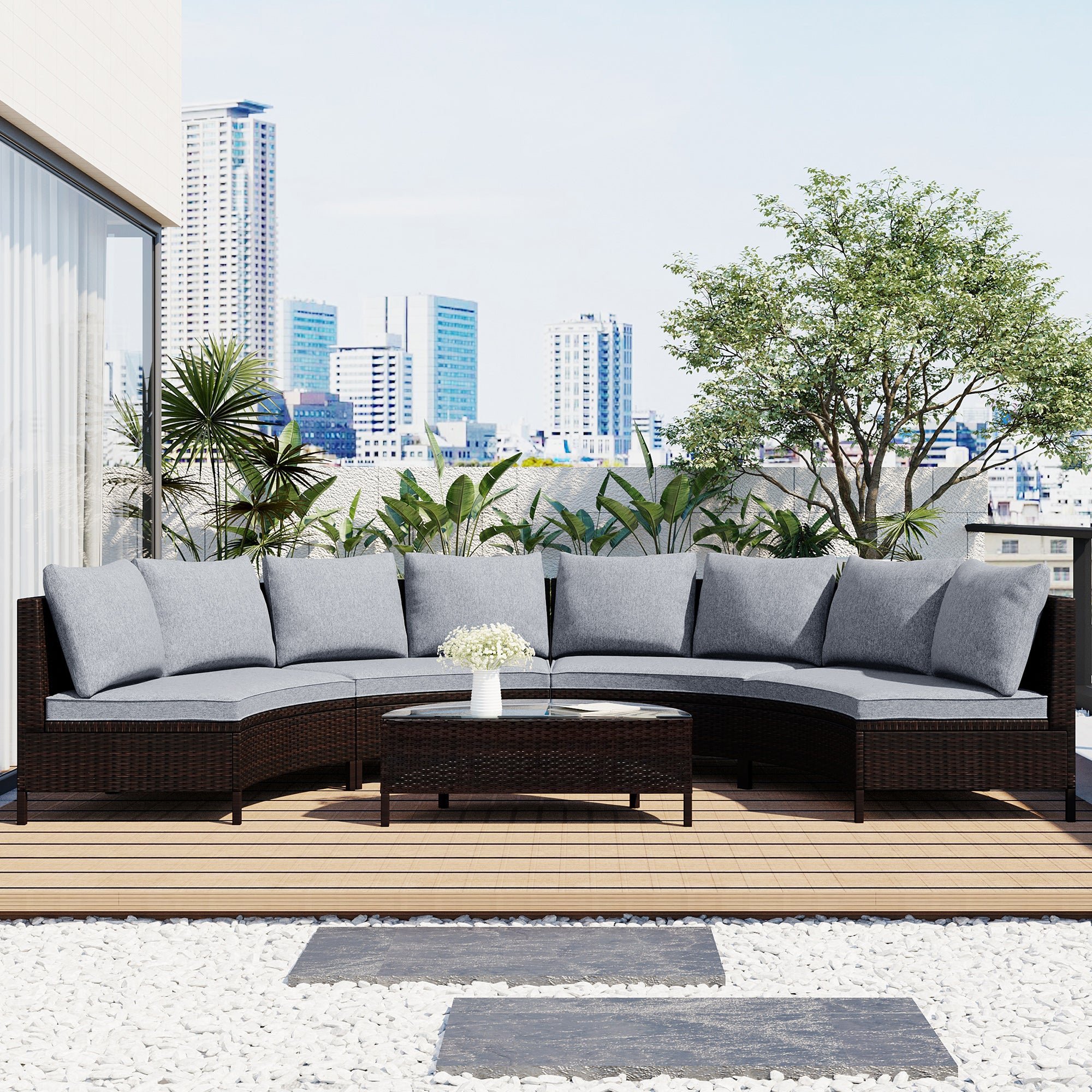 5-Piece PE Wicker Rattan Curved Outdoor Sectional Set with Grey Cushion