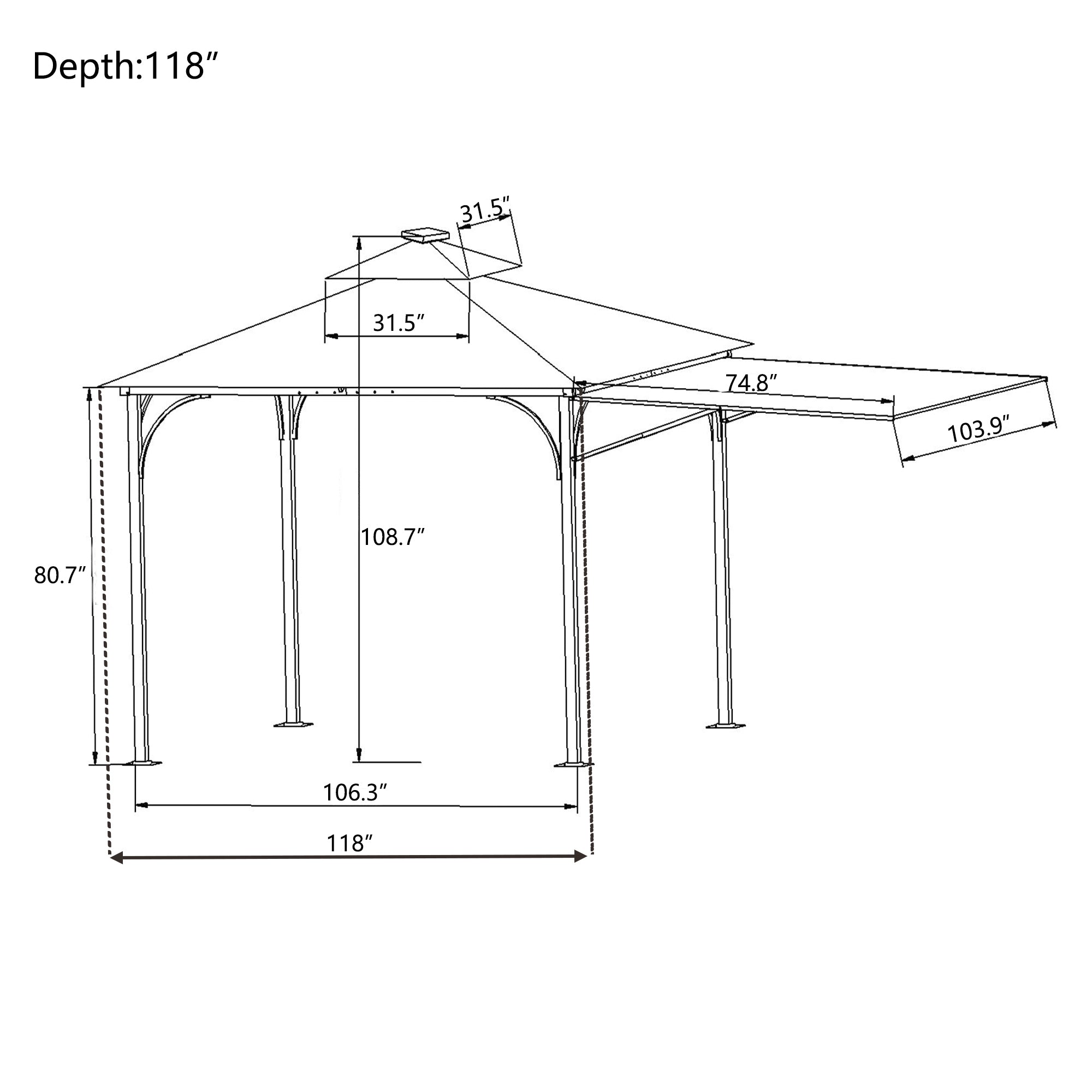 108.7 in. H Outdoor Patio Gazebo in Brown with Extended Side Shed and Awning and LED Light