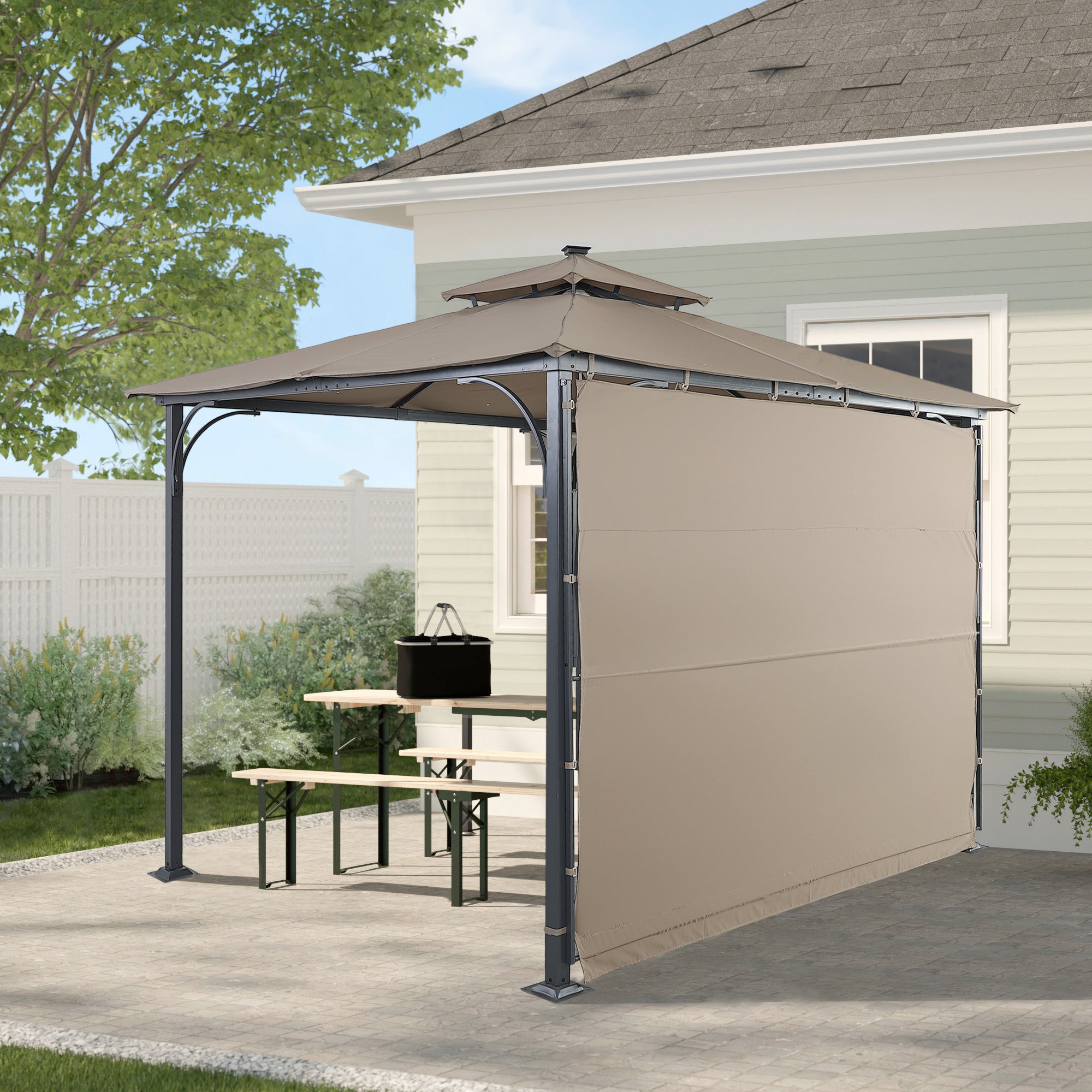 108.7 in. H Outdoor Patio Gazebo in Brown with Extended Side Shed and Awning and LED Light