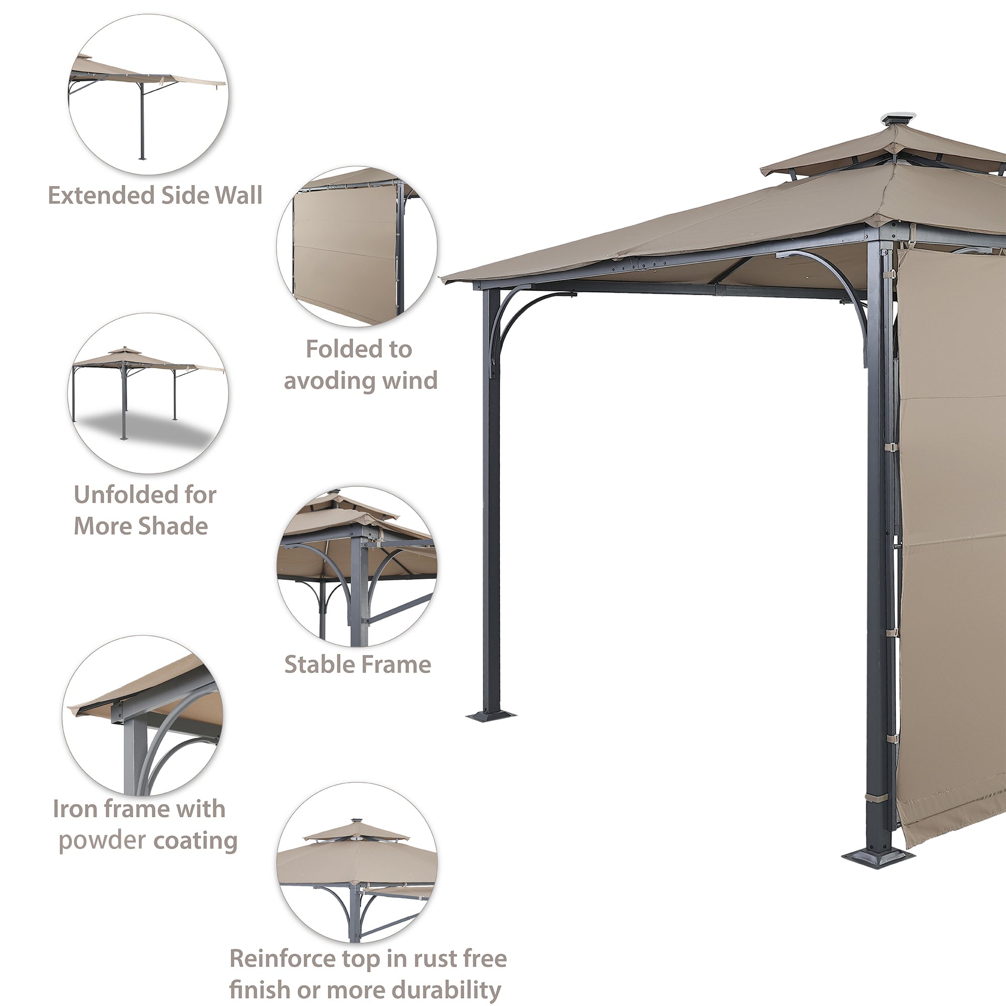 108.7 in. H Outdoor Patio Gazebo in Brown with Extended Side Shed and Awning and LED Light