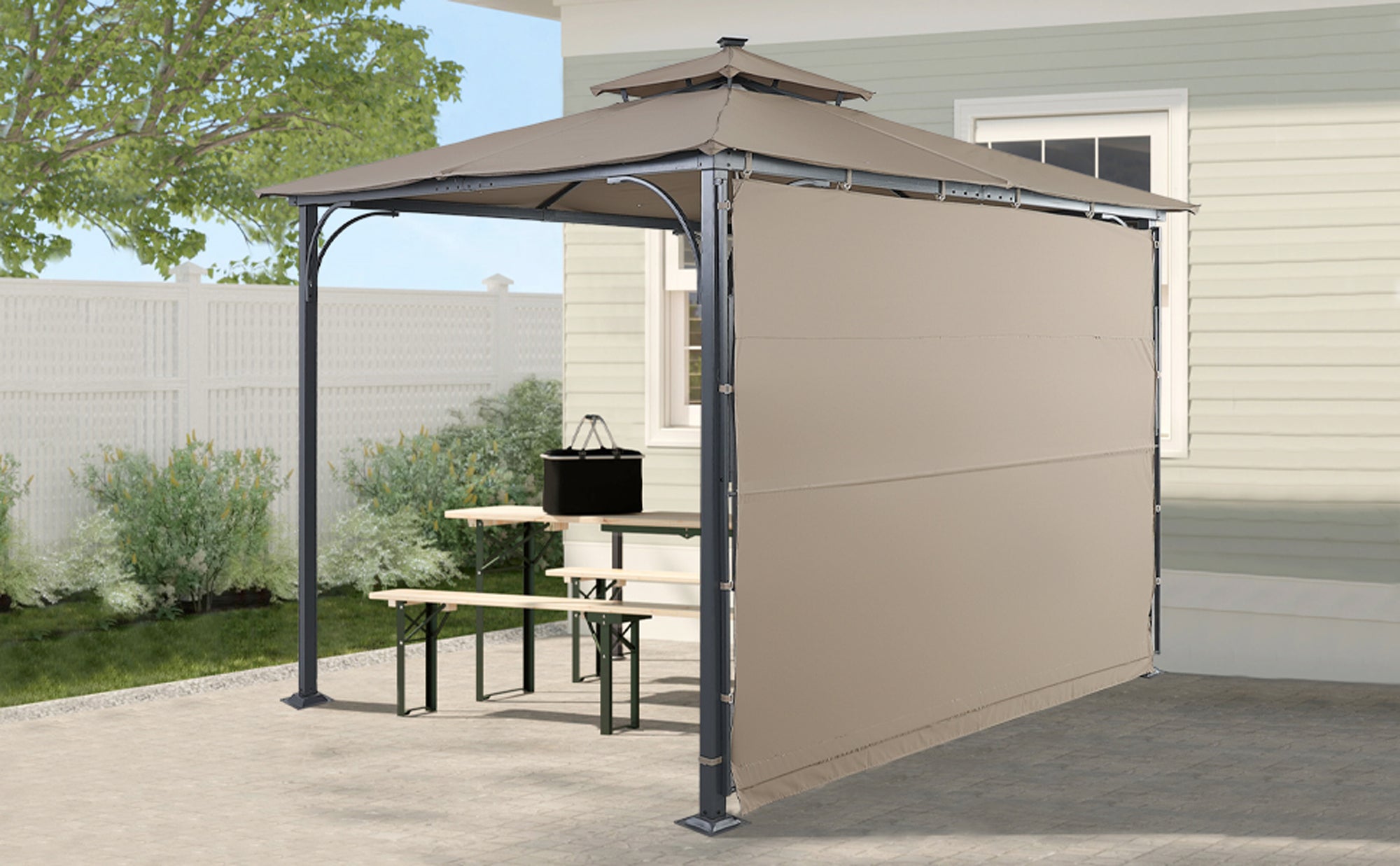 108.7 in. H Outdoor Patio Gazebo in Brown with Extended Side Shed and Awning and LED Light