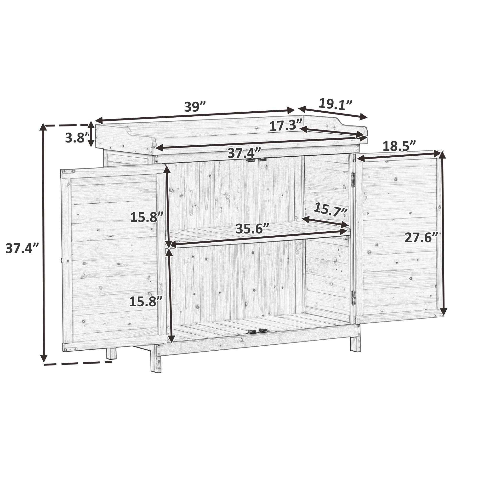 39 in. x 19.1 in. x 37.4 in.Orange Outdoor Potting Bench Table Wood Workstation Storage Cabinet Garden Shed with 2 Shelves