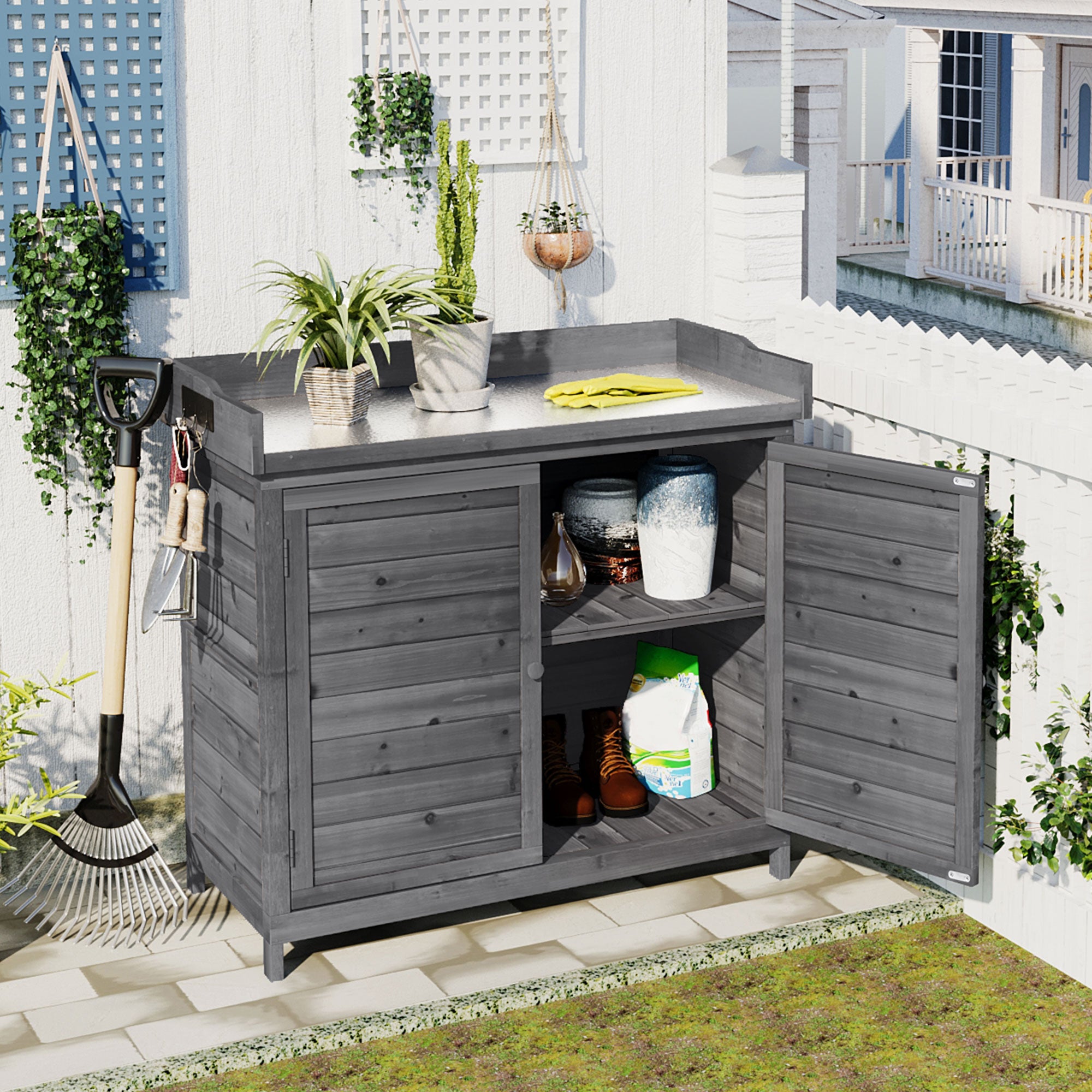 39 in. x 19.1 in. x 37.4 in.Orange Outdoor Potting Bench Table Wood Workstation Storage Cabinet Garden Shed with 2 Shelves