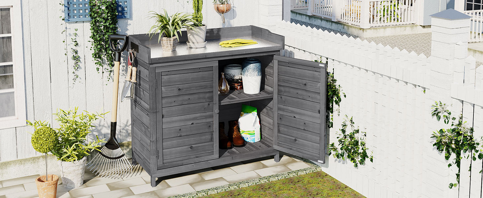 39 in. x 19.1 in. x 37.4 in.Orange Outdoor Potting Bench Table Wood Workstation Storage Cabinet Garden Shed with 2 Shelves