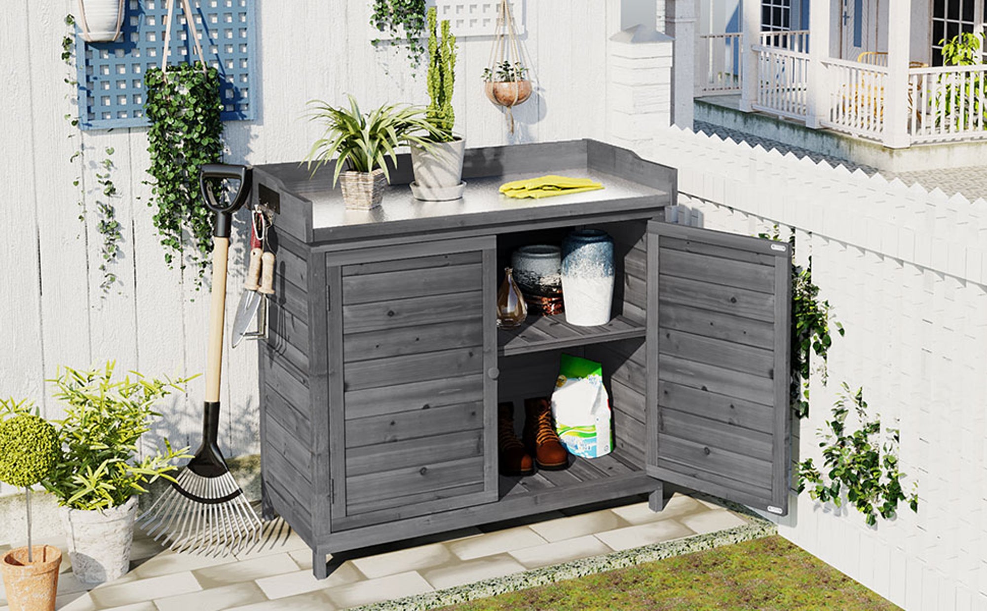39 in. x 19.1 in. x 37.4 in.Orange Outdoor Potting Bench Table Wood Workstation Storage Cabinet Garden Shed with 2 Shelves