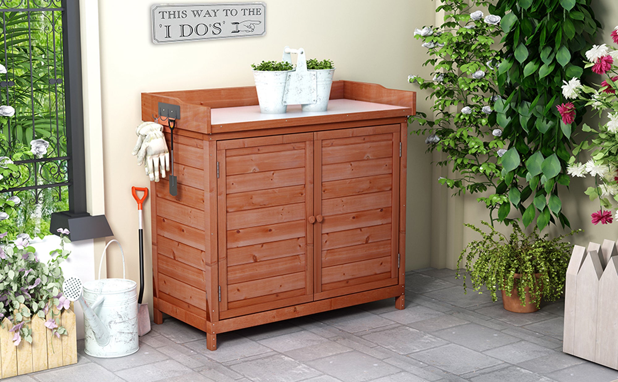 39 in. x 19.1 in. x 37.4 in.Orange Outdoor Potting Bench Table Wood Workstation Storage Cabinet Garden Shed with 2 Shelves
