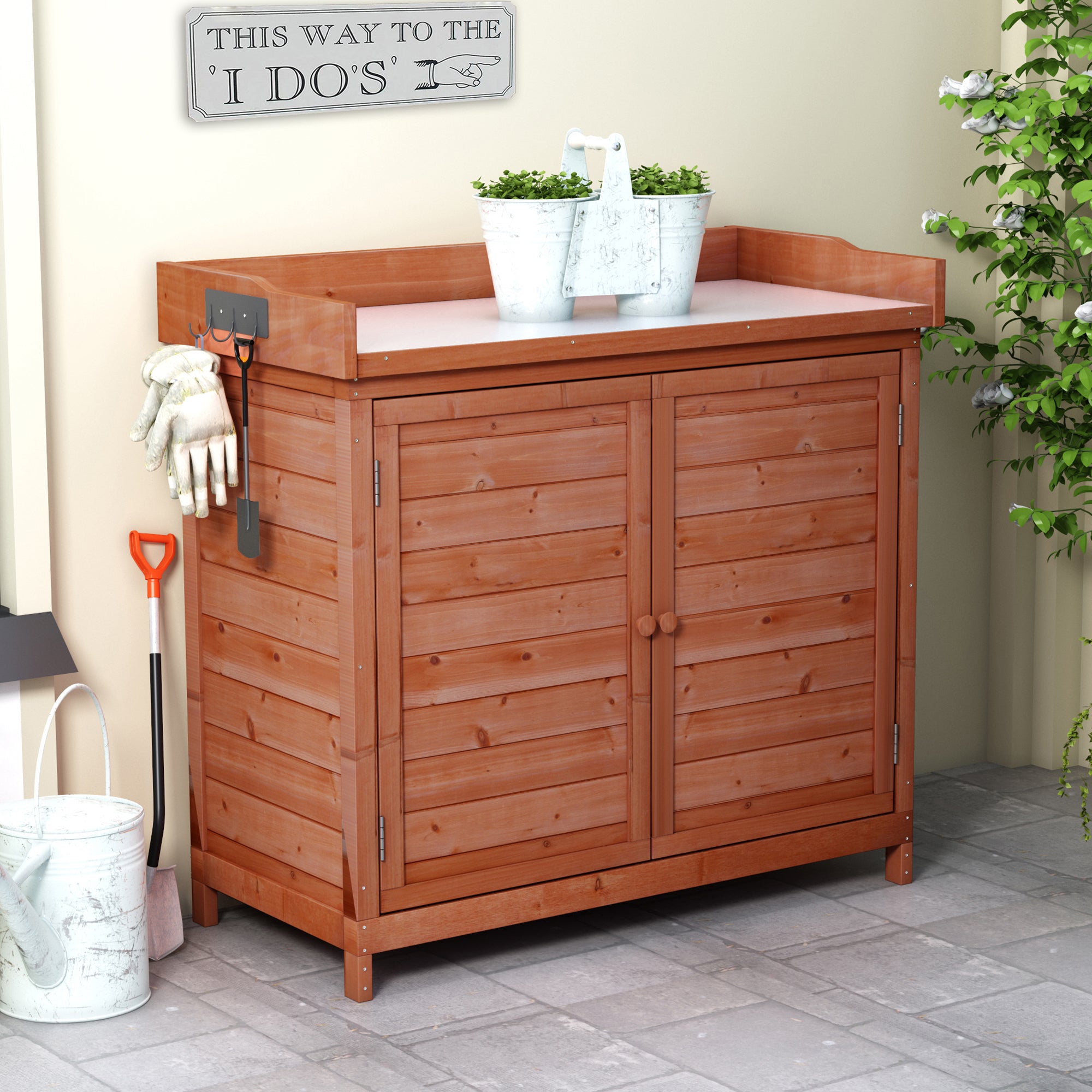 39 in. x 19.1 in. x 37.4 in.Orange Outdoor Potting Bench Table Wood Workstation Storage Cabinet Garden Shed with 2 Shelves