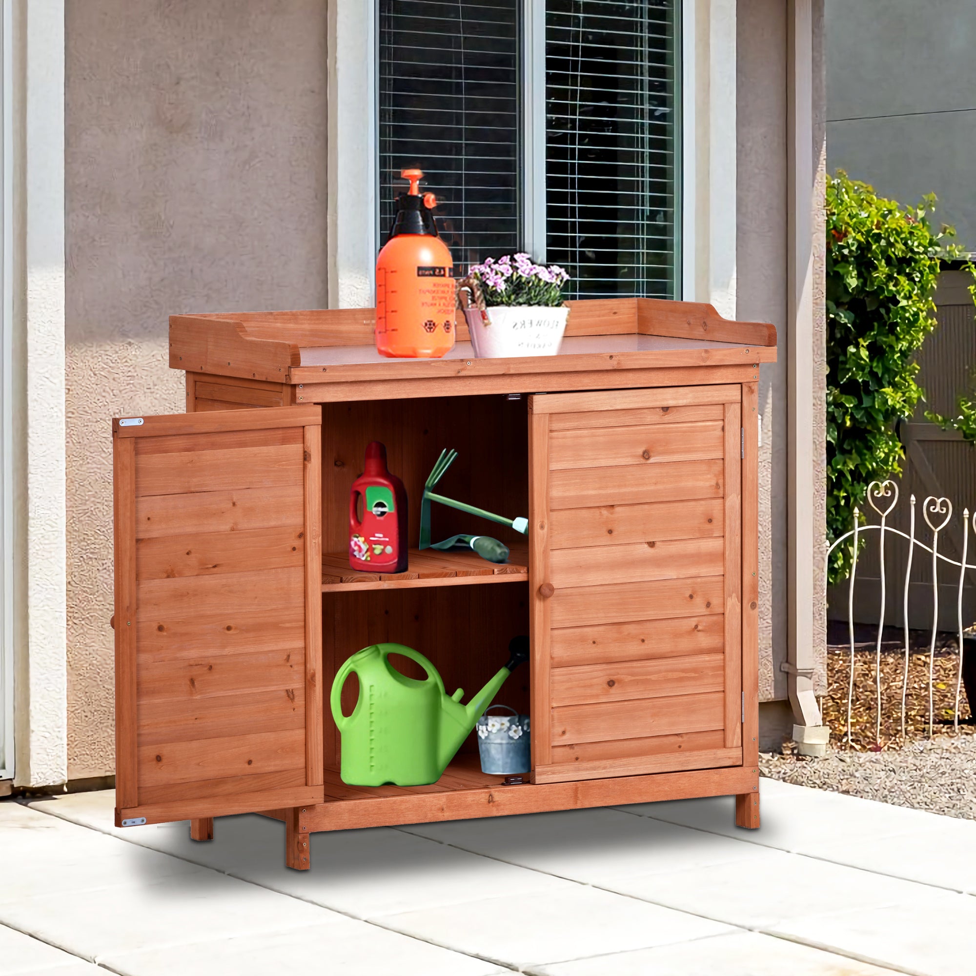 39 in. x 19.1 in. x 37.4 in.Orange Outdoor Potting Bench Table Wood Workstation Storage Cabinet Garden Shed with 2 Shelves