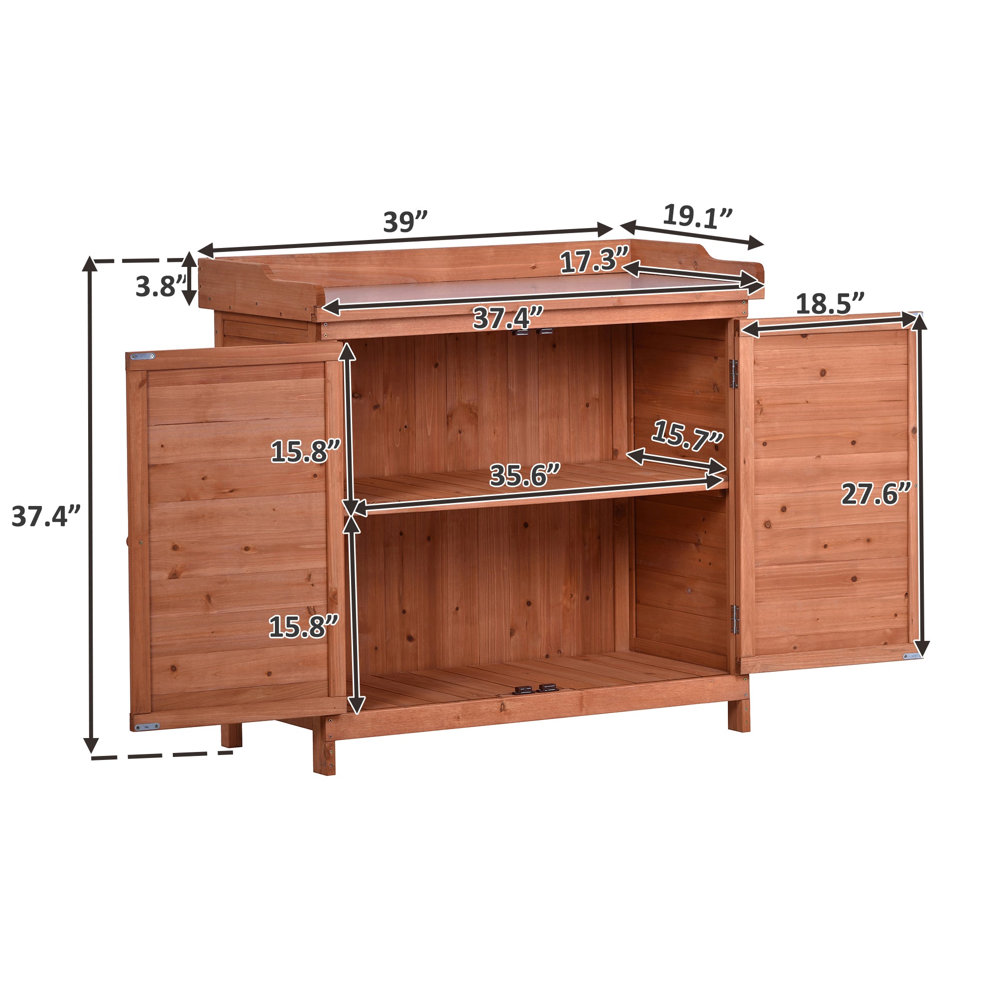 39 in. x 19.1 in. x 37.4 in.Orange Outdoor Potting Bench Table Wood Workstation Storage Cabinet Garden Shed with 2 Shelves