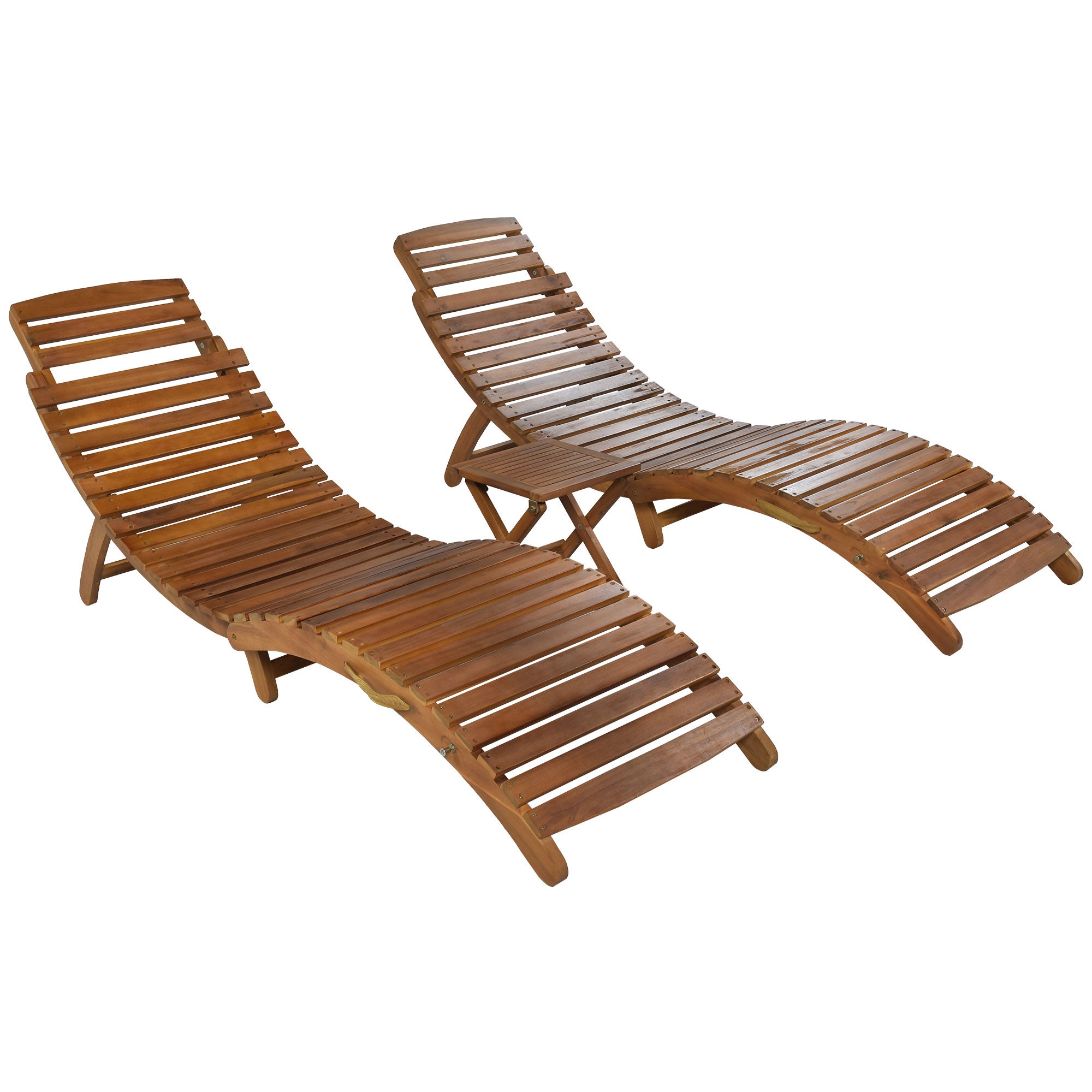 3 Pieces Outdoor Patio Chaise Lounge Set with Two Extended Chaises Lounge and Foldable Tea Table