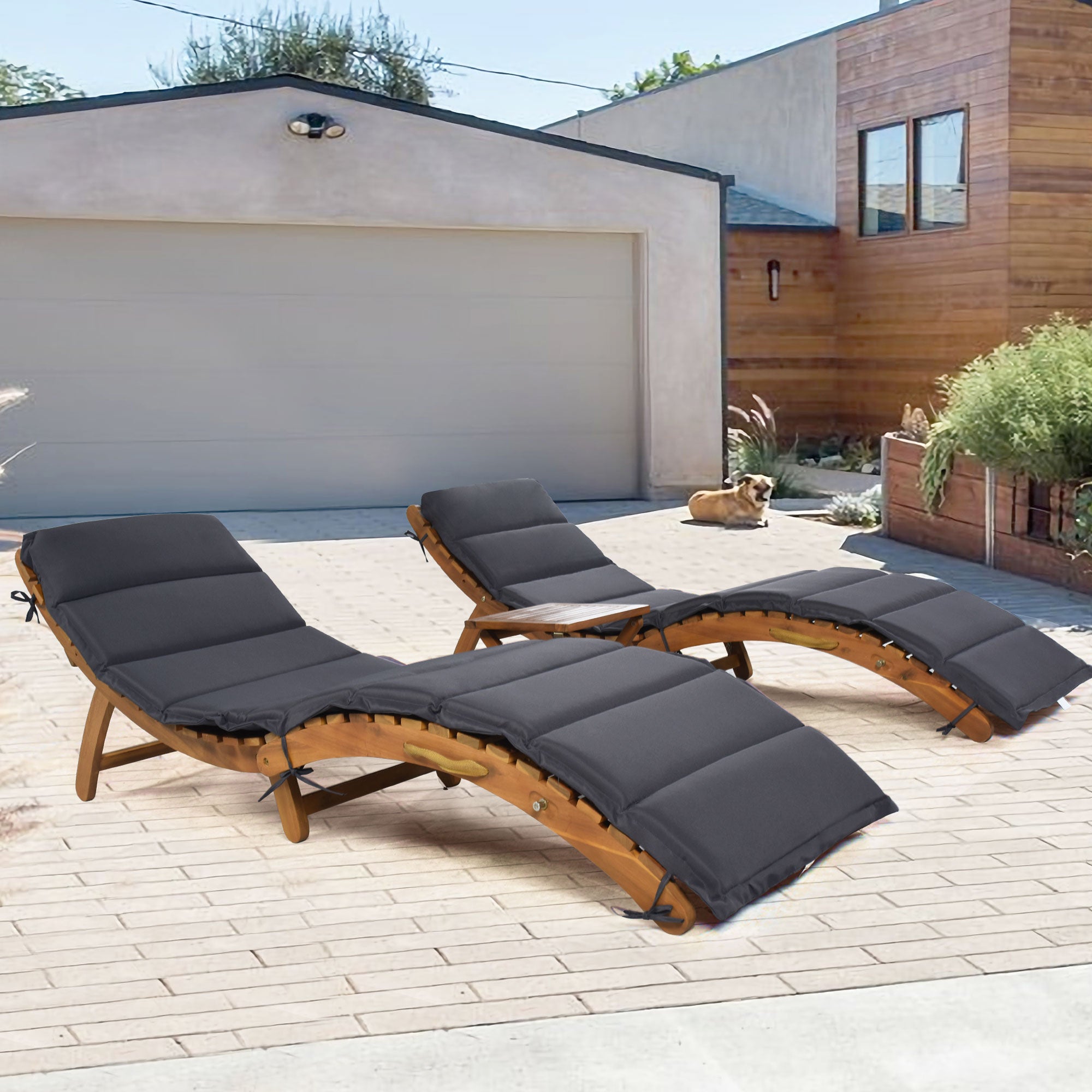 3 Pieces Outdoor Patio Chaise Lounge Set with Two Extended Chaises Lounge and Foldable Tea Table