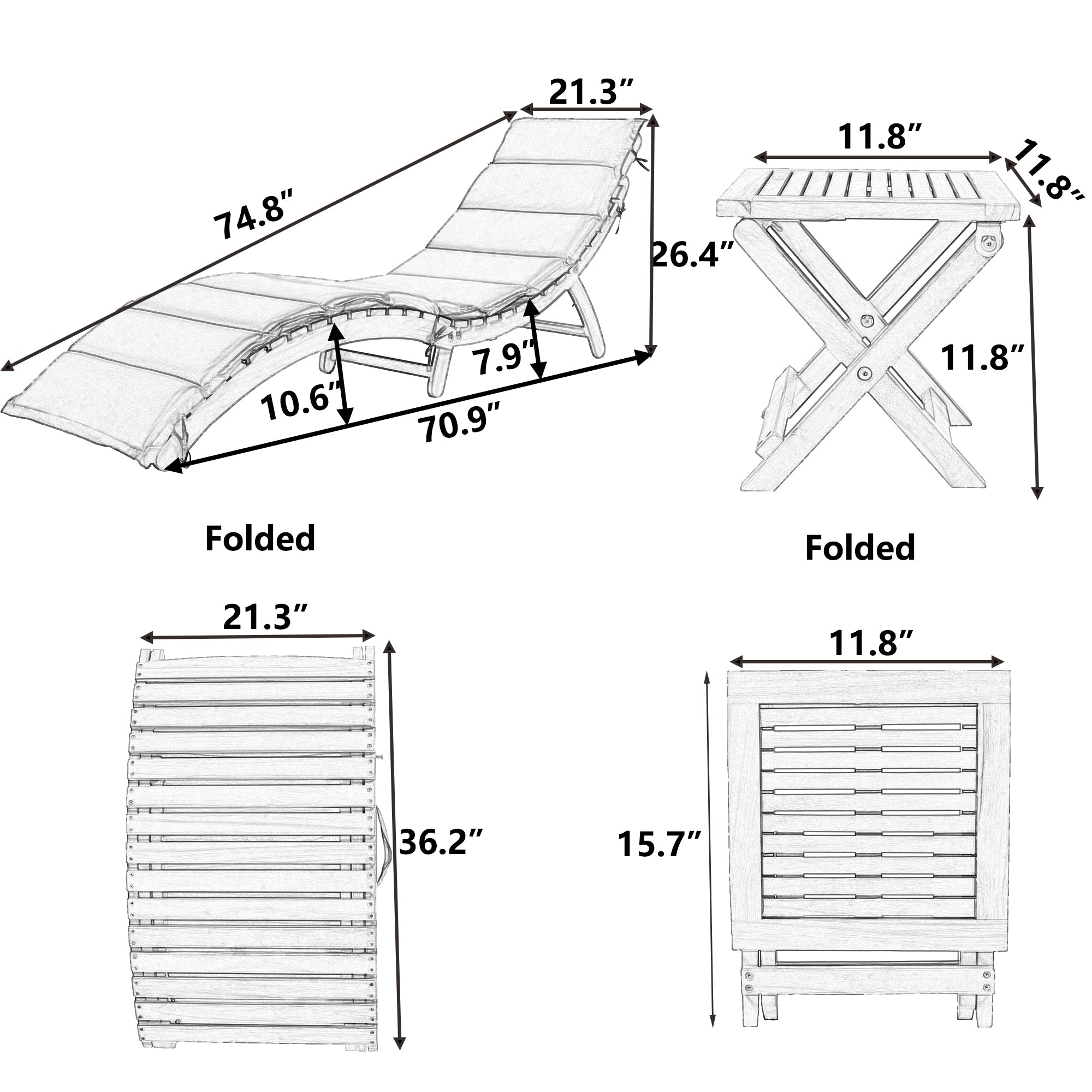 3 Pieces Outdoor Patio Chaise Lounge Set with Two Extended Chaises Lounge and Foldable Tea Table
