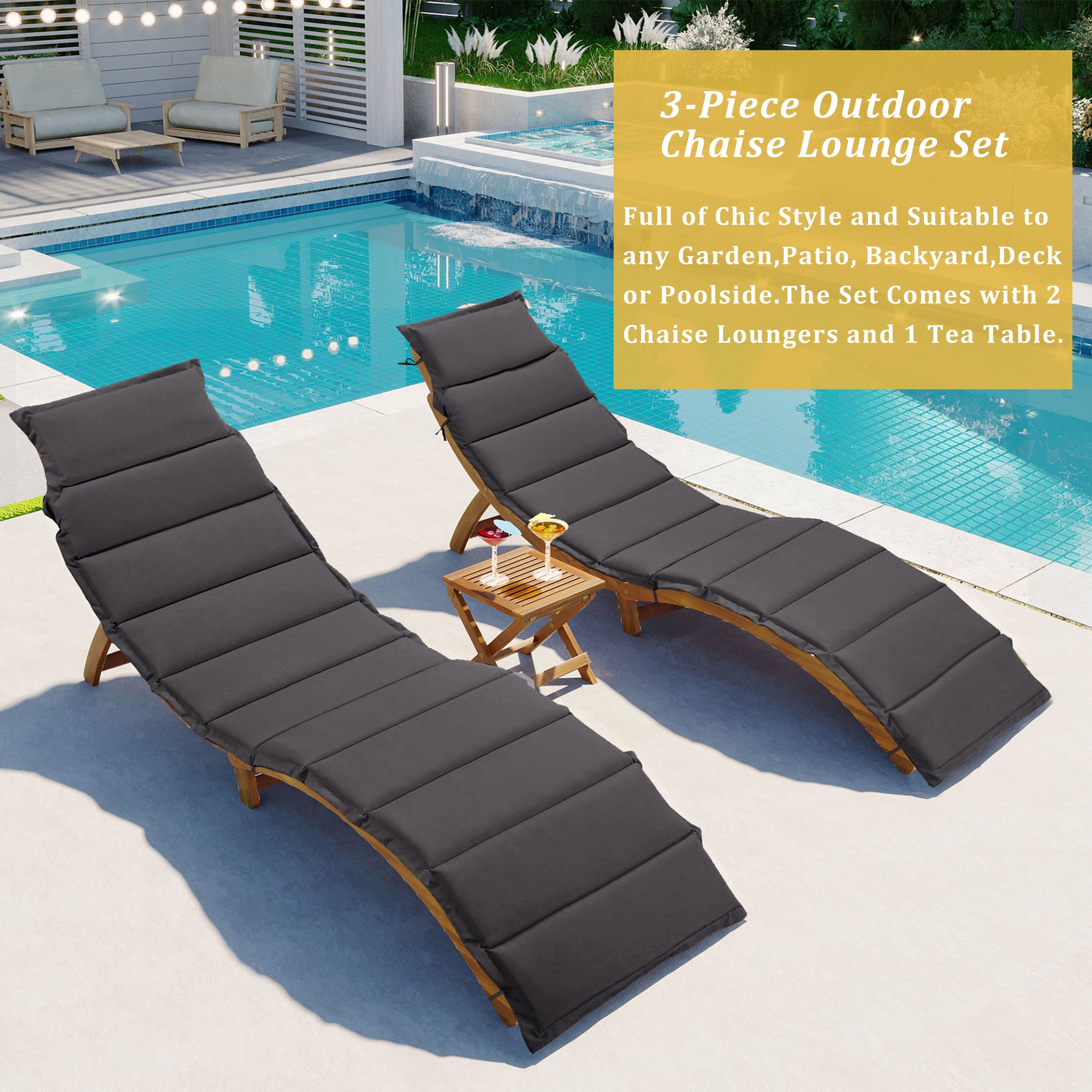 3 Pieces Outdoor Patio Chaise Lounge Set with Two Extended Chaises Lounge and Foldable Tea Table