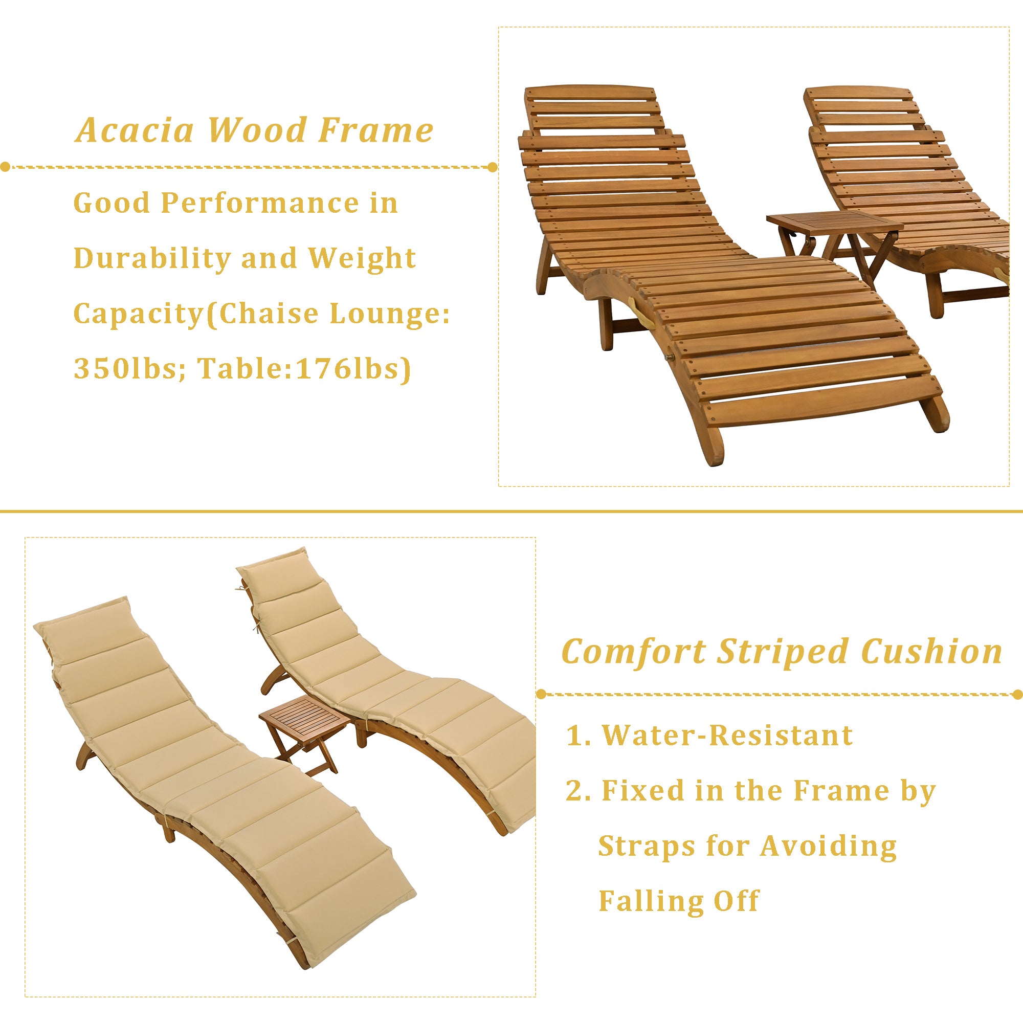 3 Pieces Outdoor Patio Chaise Lounge Set with Two Extended Chaises Lounge and Foldable Tea Table