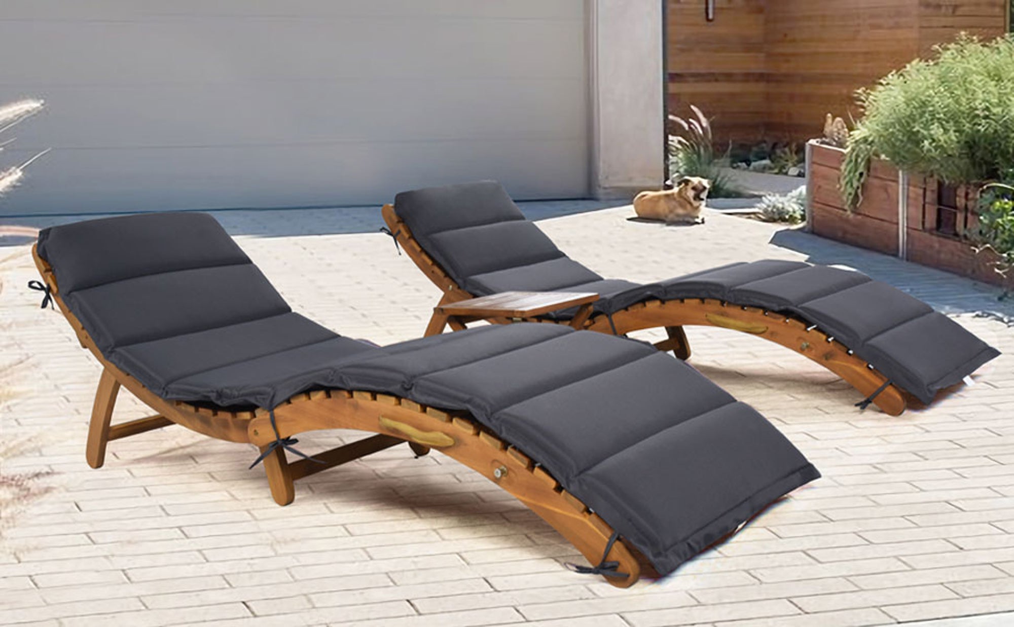 3 Pieces Outdoor Patio Chaise Lounge Set with Two Extended Chaises Lounge and Foldable Tea Table