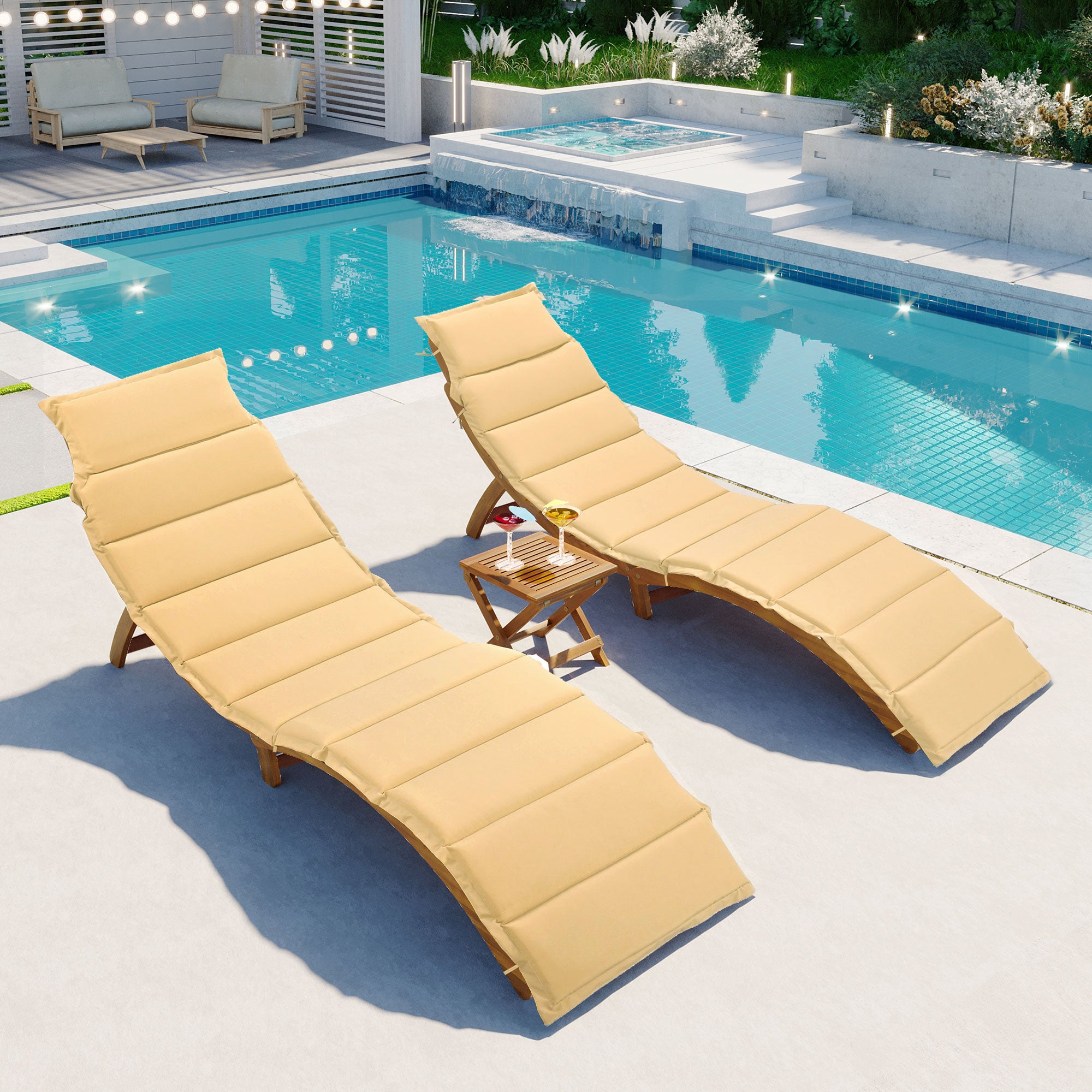 3 Pieces Outdoor Patio Chaise Lounge Set with Two Extended Chaises Lounge and Foldable Tea Table
