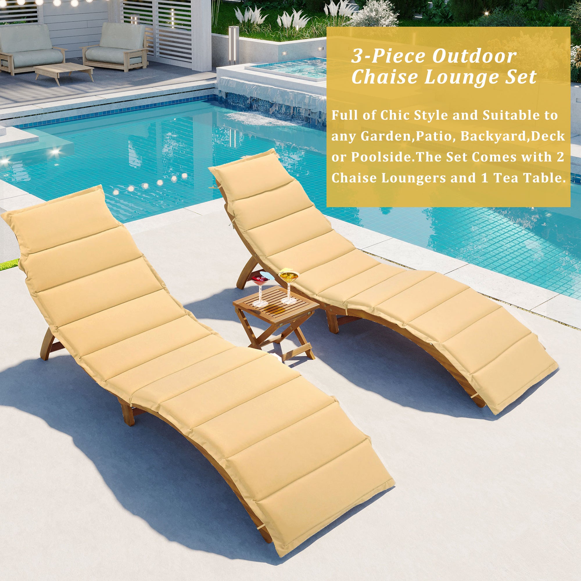 3 Pieces Outdoor Patio Chaise Lounge Set with Two Extended Chaises Lounge and Foldable Tea Table