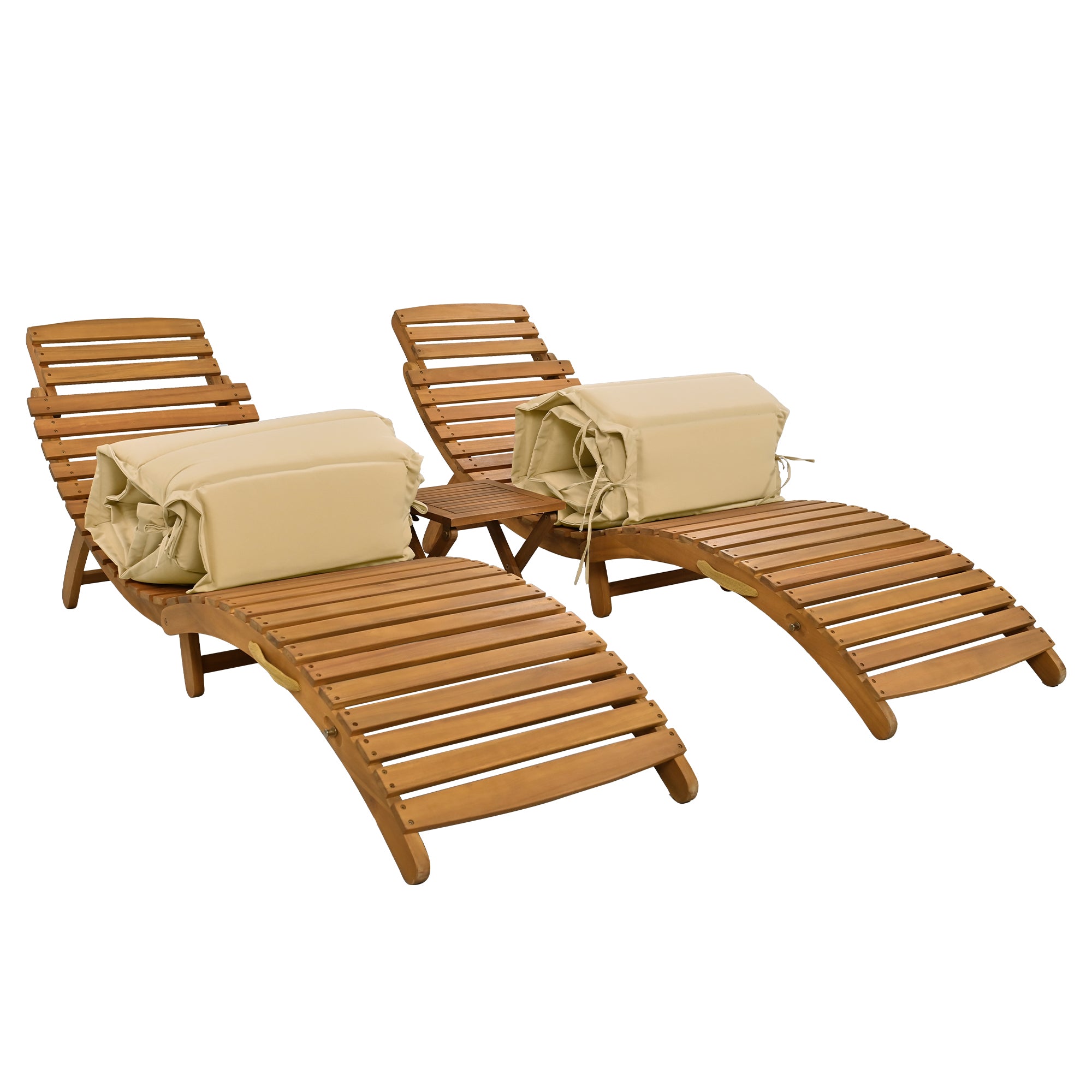 3 Pieces Outdoor Patio Chaise Lounge Set with Two Extended Chaises Lounge and Foldable Tea Table