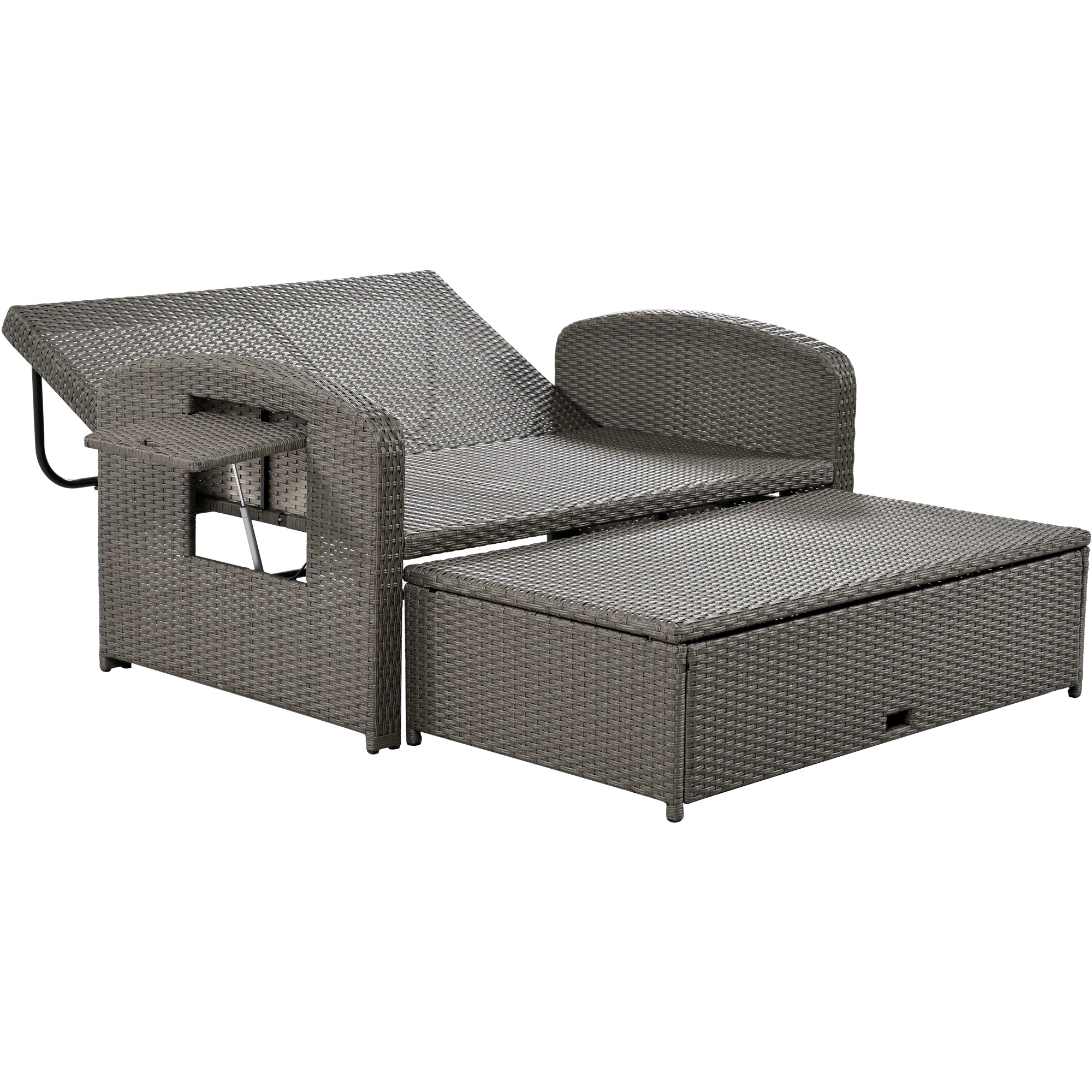 2-Person Rattan Wicker Outdoor Patio Reclining Daybed with Adjustable Back and Gray Cushions