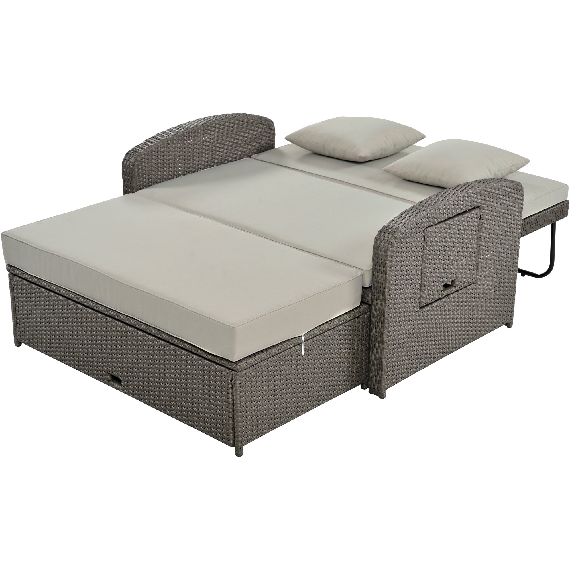 2-Person Rattan Wicker Outdoor Patio Reclining Daybed with Adjustable Back and Gray Cushions