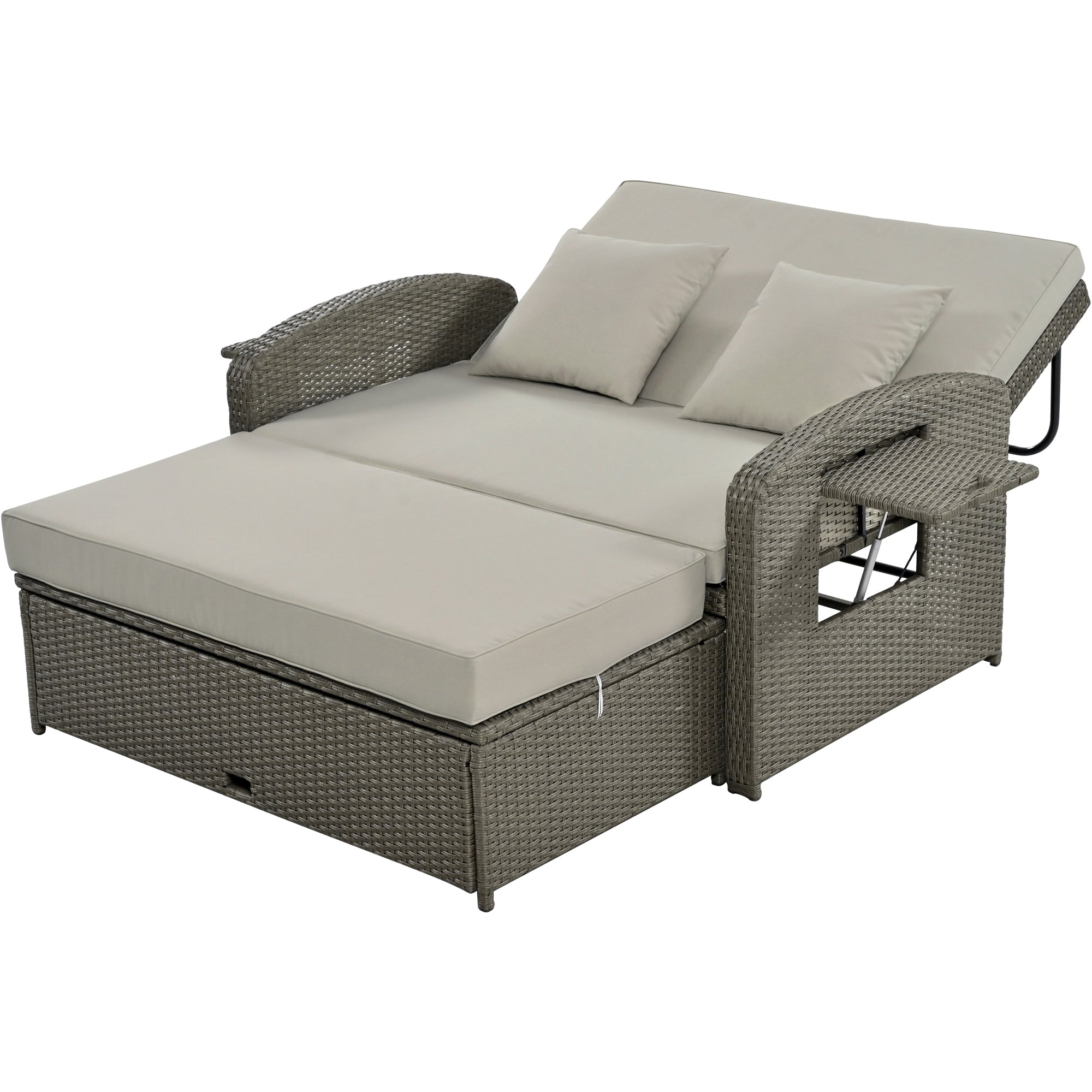 2-Person Rattan Wicker Outdoor Patio Reclining Daybed with Adjustable Back and Gray Cushions
