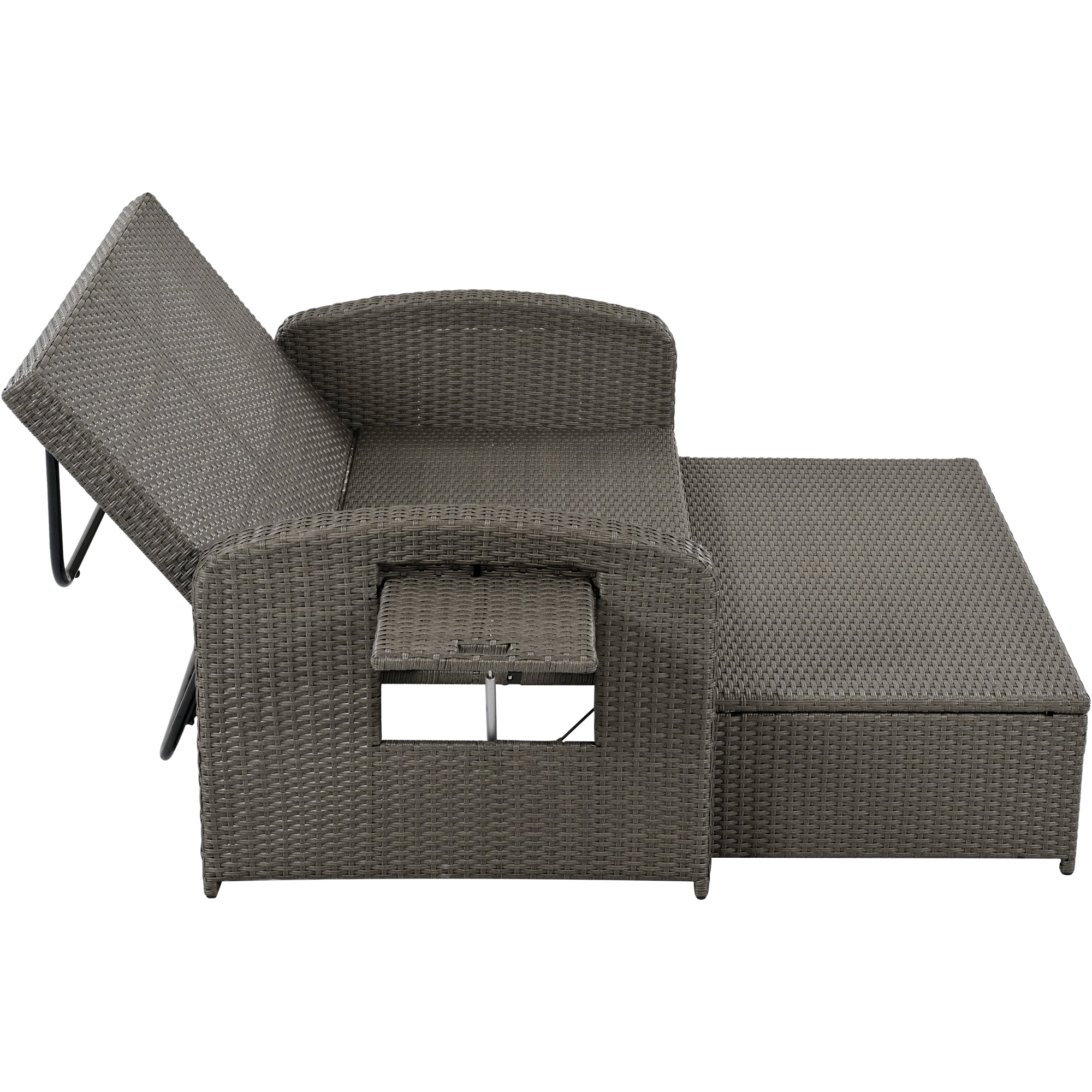 2-Person Rattan Wicker Outdoor Patio Reclining Daybed with Adjustable Back and Gray Cushions
