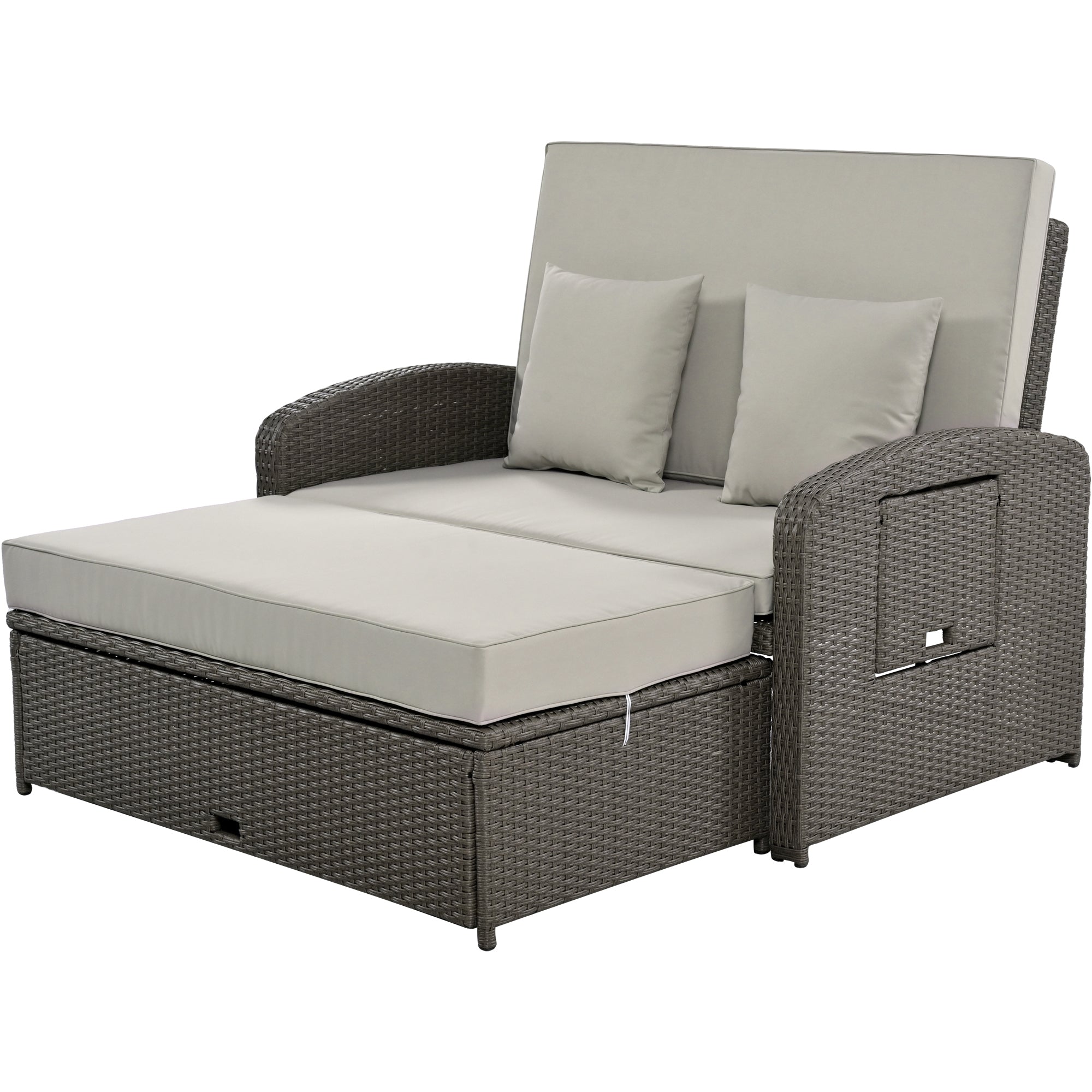 2-Person Rattan Wicker Outdoor Patio Reclining Daybed with Adjustable Back and Gray Cushions
