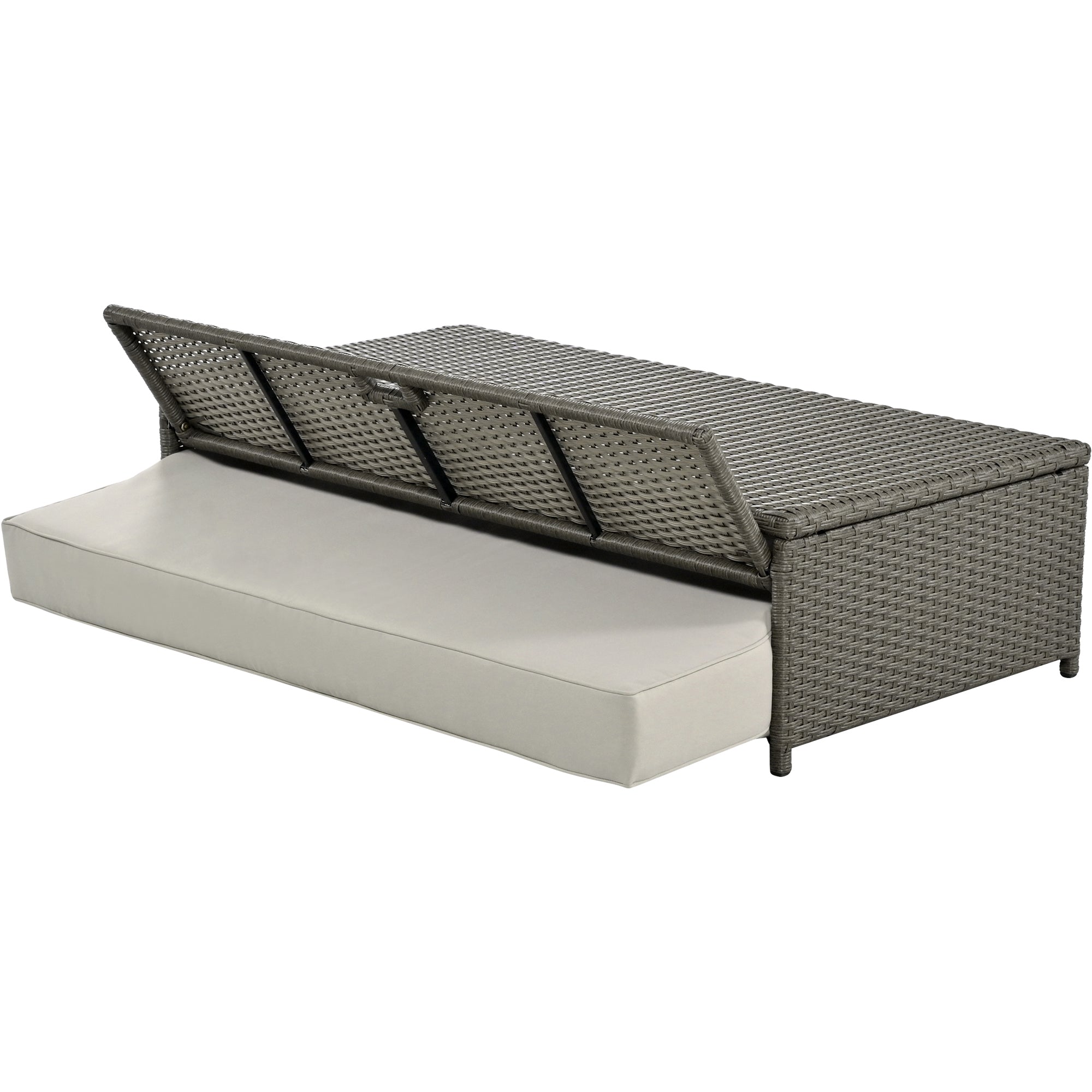 2-Person Rattan Wicker Outdoor Patio Reclining Daybed with Adjustable Back and Gray Cushions