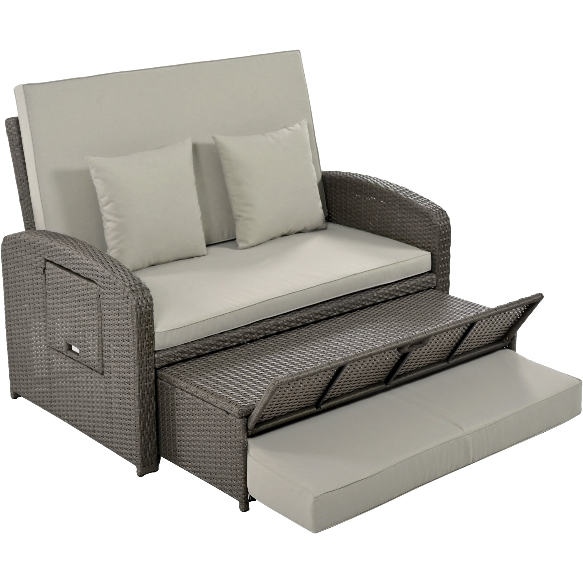 2-Person Rattan Wicker Outdoor Patio Reclining Daybed with Adjustable Back and Gray Cushions
