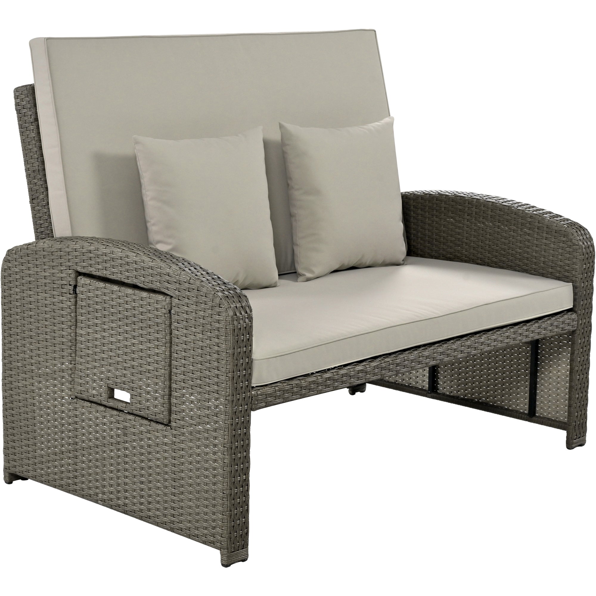 2-Person Rattan Wicker Outdoor Patio Reclining Daybed with Adjustable Back and Gray Cushions