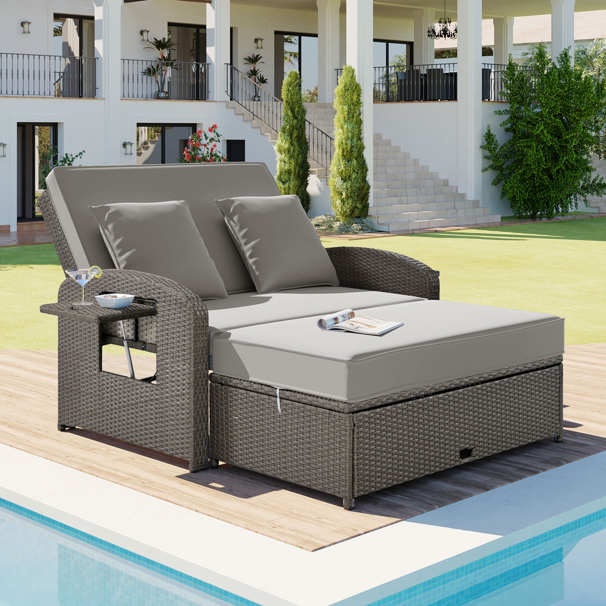 2-Person Rattan Wicker Outdoor Patio Reclining Daybed with Adjustable Back and Gray Cushions