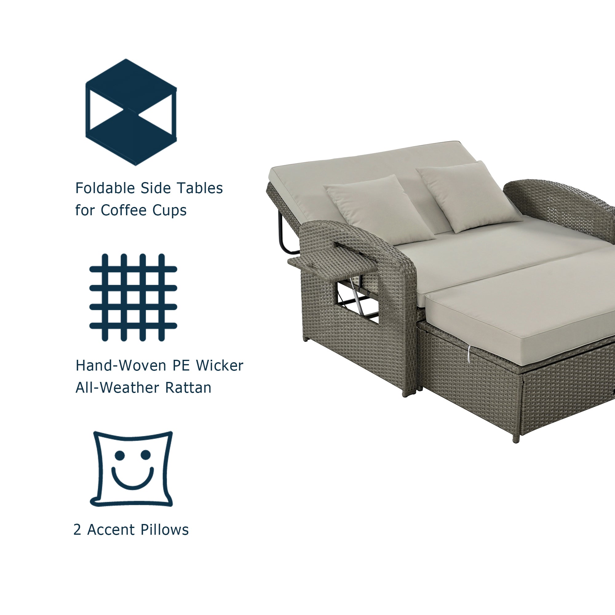 2-Person Rattan Wicker Outdoor Patio Reclining Daybed with Adjustable Back and Gray Cushions