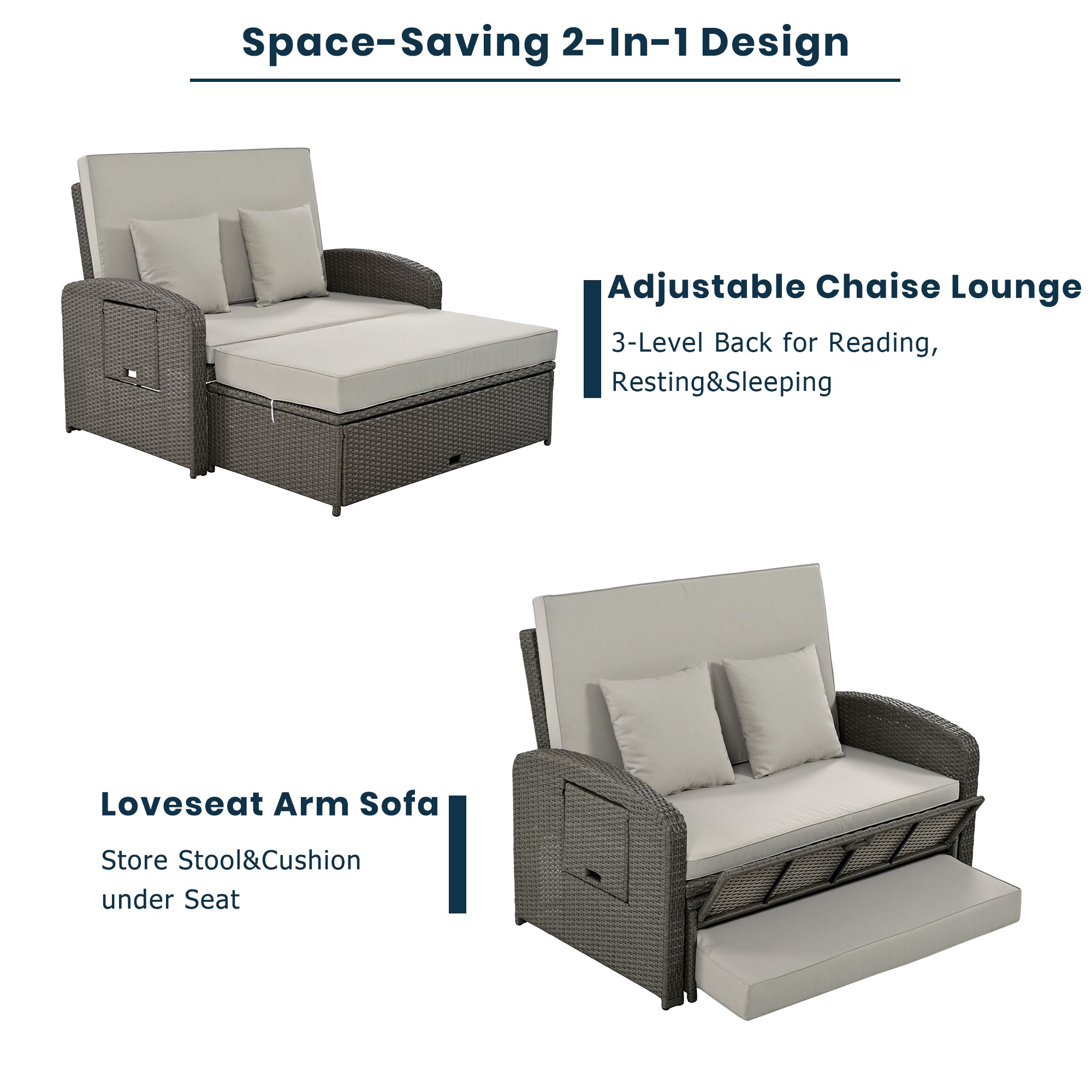 2-Person Rattan Wicker Outdoor Patio Reclining Daybed with Adjustable Back and Gray Cushions