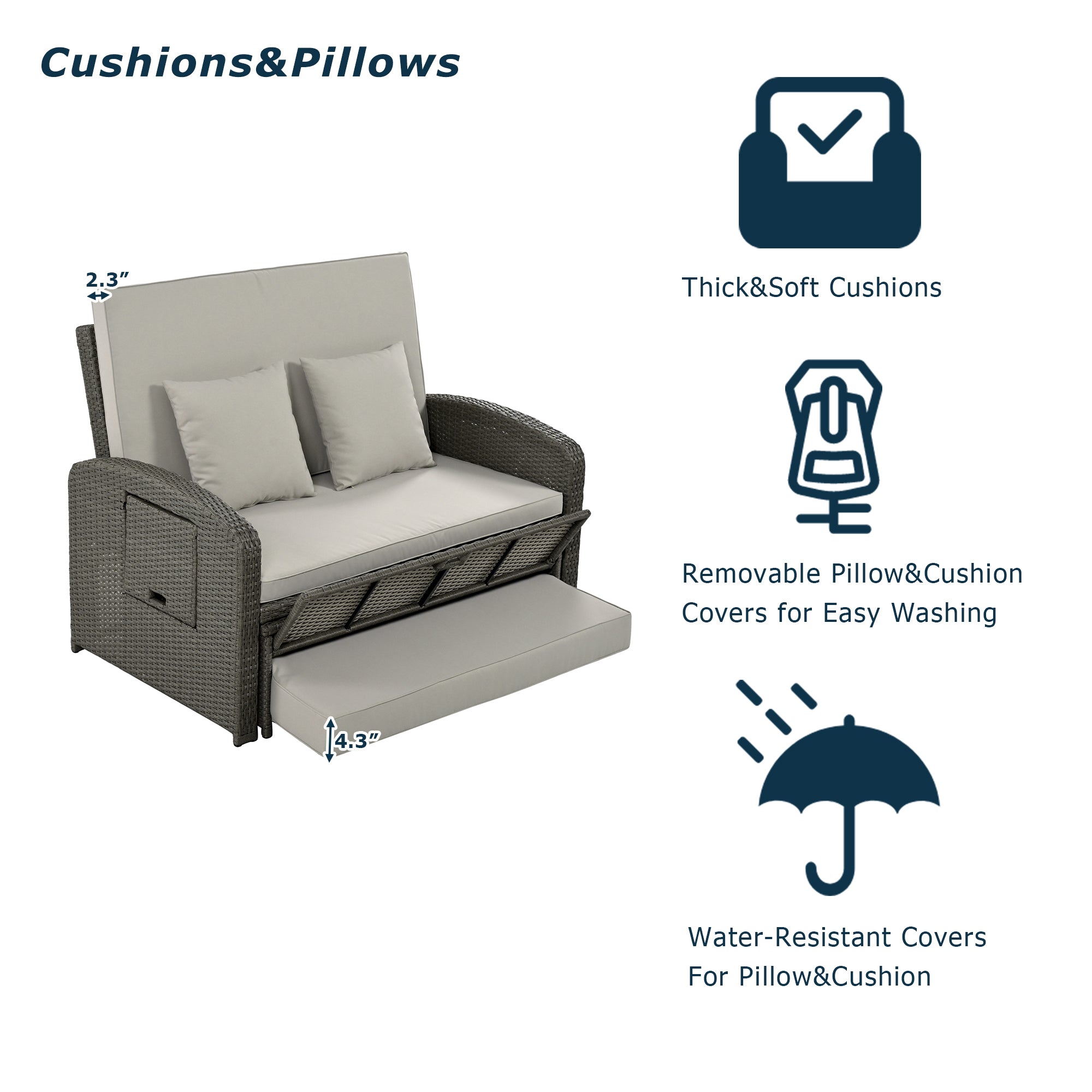 2-Person Rattan Wicker Outdoor Patio Reclining Daybed with Adjustable Back and Gray Cushions