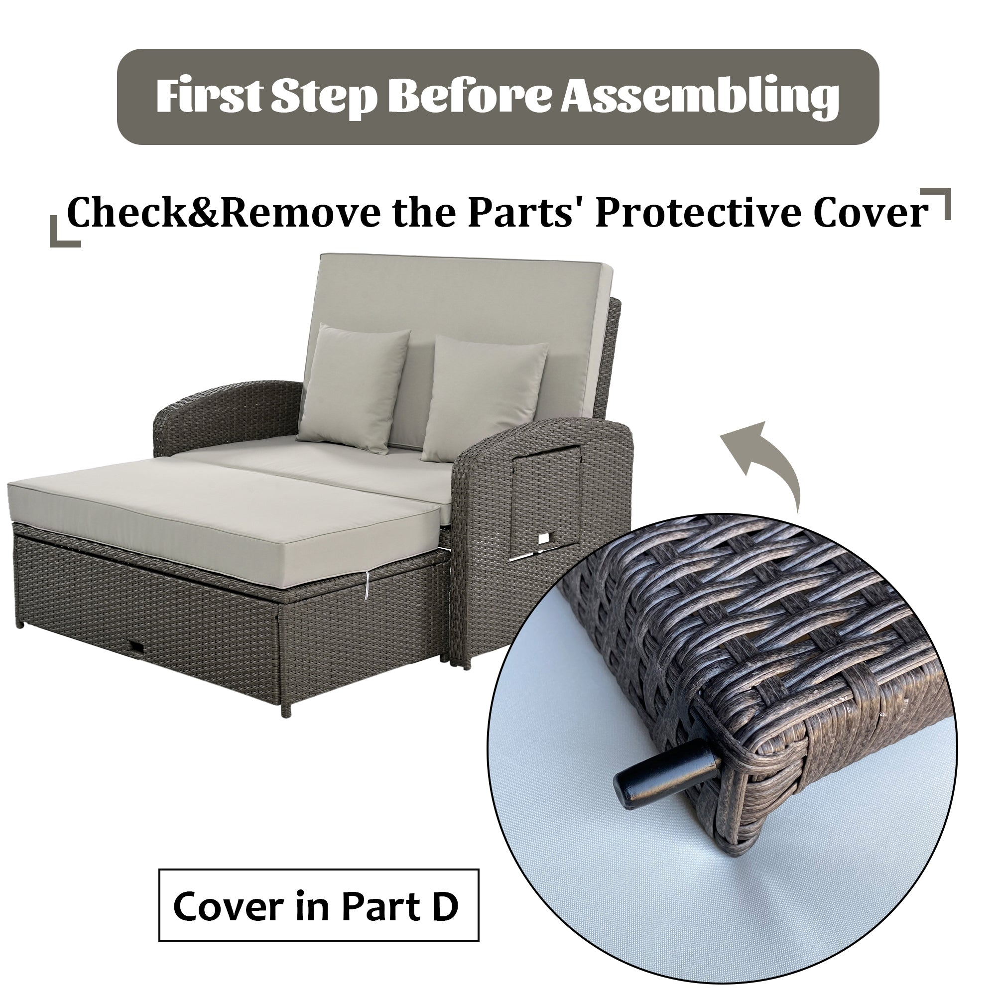 2-Person Rattan Wicker Outdoor Patio Reclining Daybed with Adjustable Back and Gray Cushions