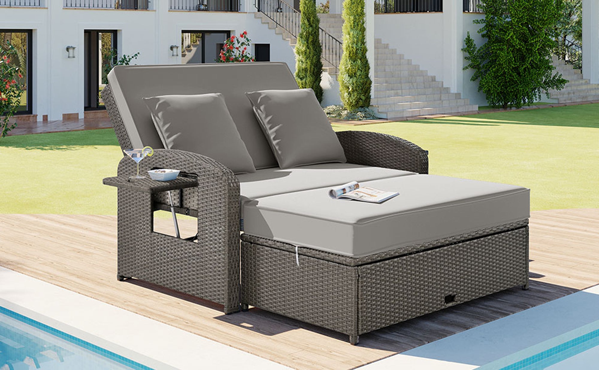 2-Person Rattan Wicker Outdoor Patio Reclining Daybed with Adjustable Back and Gray Cushions