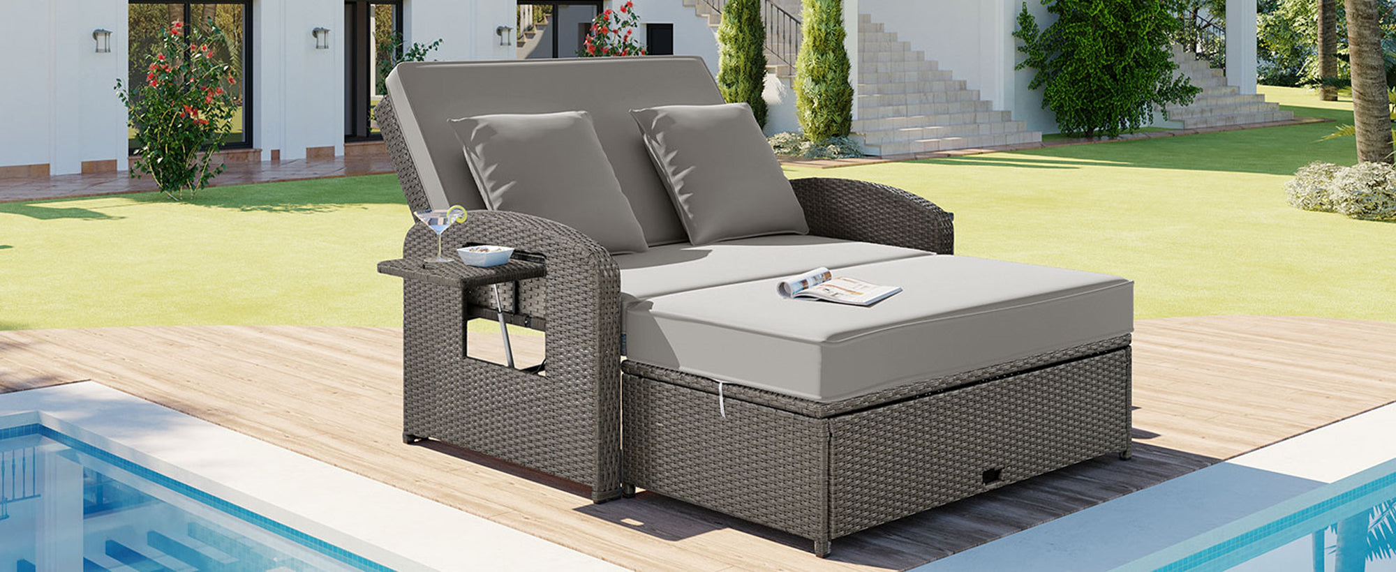 2-Person Rattan Wicker Outdoor Patio Reclining Daybed with Adjustable Back and Gray Cushions