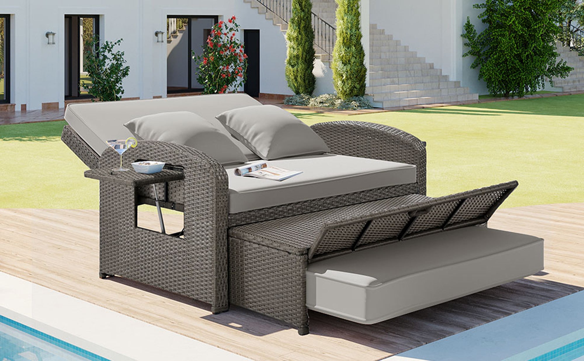 2-Person Rattan Wicker Outdoor Patio Reclining Daybed with Adjustable Back and Gray Cushions