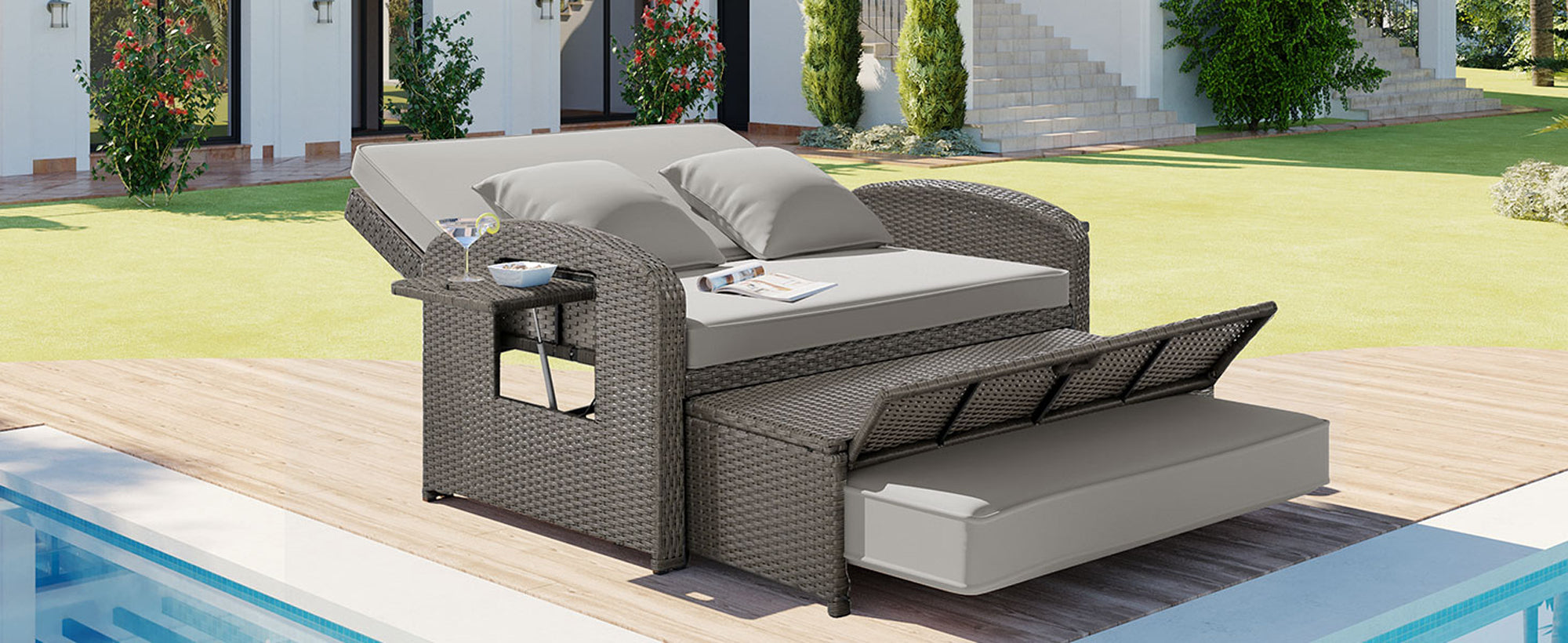 2-Person Rattan Wicker Outdoor Patio Reclining Daybed with Adjustable Back and Gray Cushions