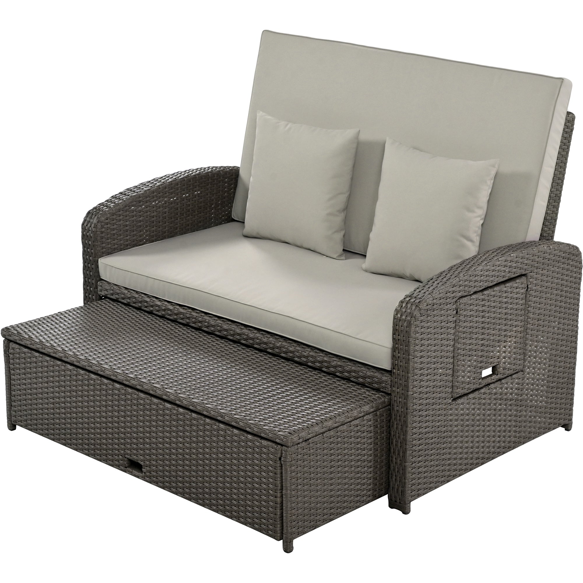 2-Person Rattan Wicker Outdoor Patio Reclining Daybed with Adjustable Back and Gray Cushions