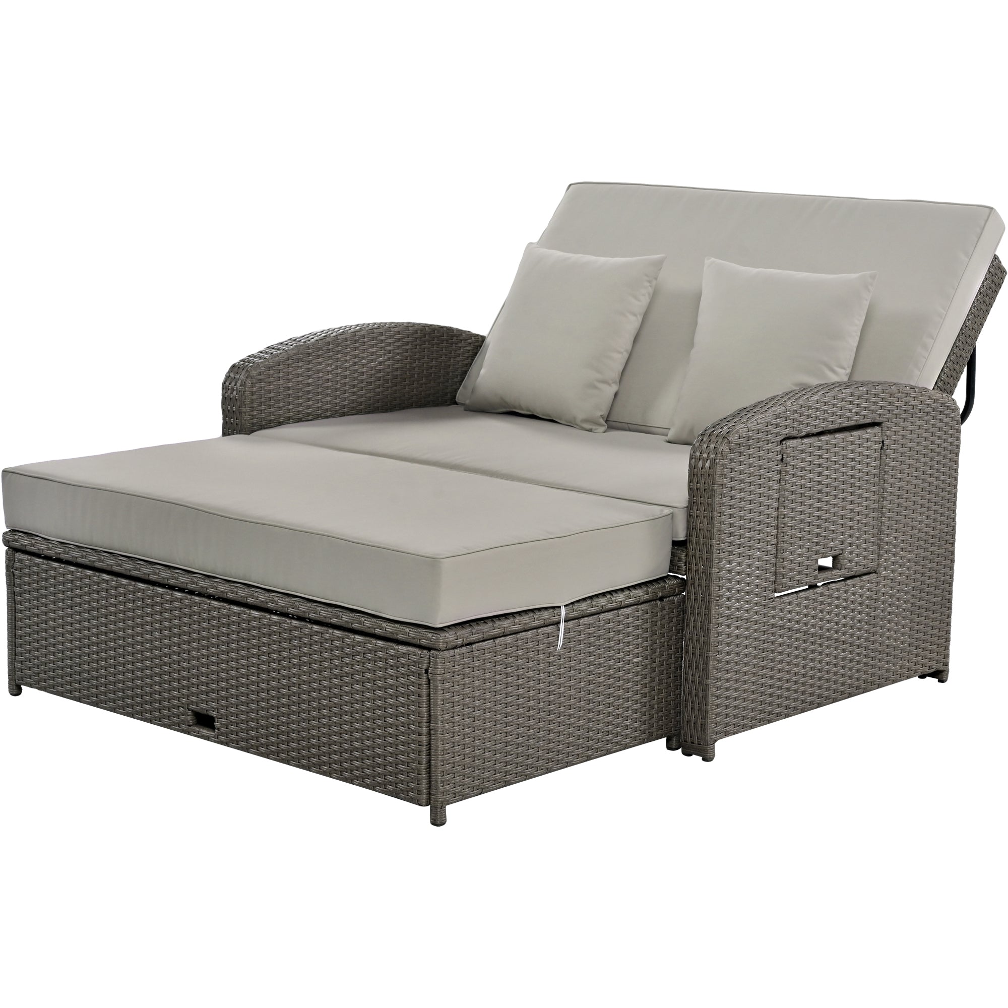 2-Person Rattan Wicker Outdoor Patio Reclining Daybed with Adjustable Back and Gray Cushions