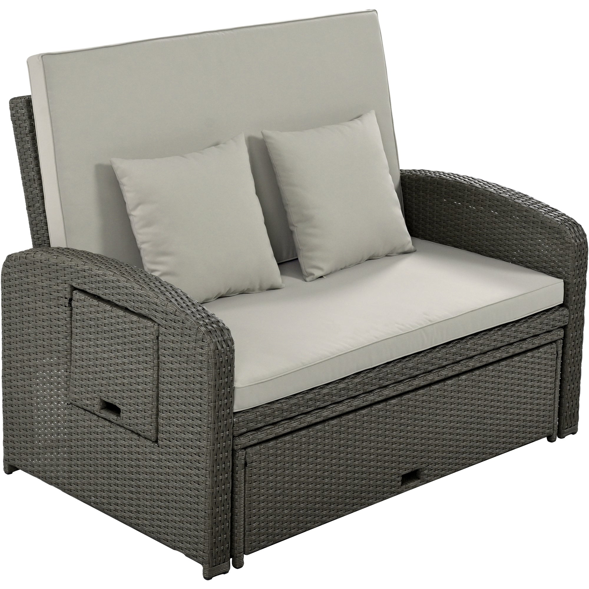 2-Person Rattan Wicker Outdoor Patio Reclining Daybed with Adjustable Back and Gray Cushions