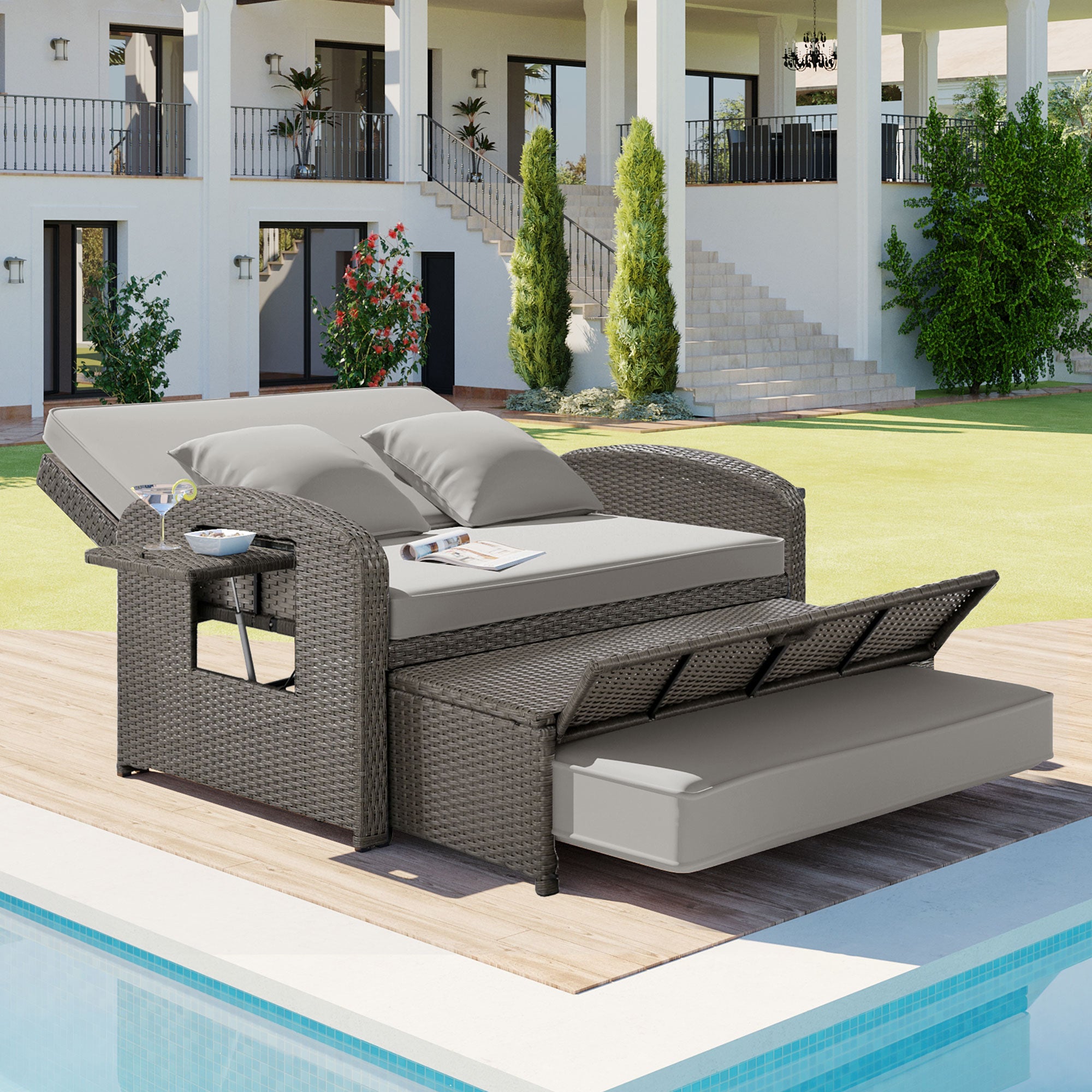 2-Person Rattan Wicker Outdoor Patio Reclining Daybed with Adjustable Back and Gray Cushions