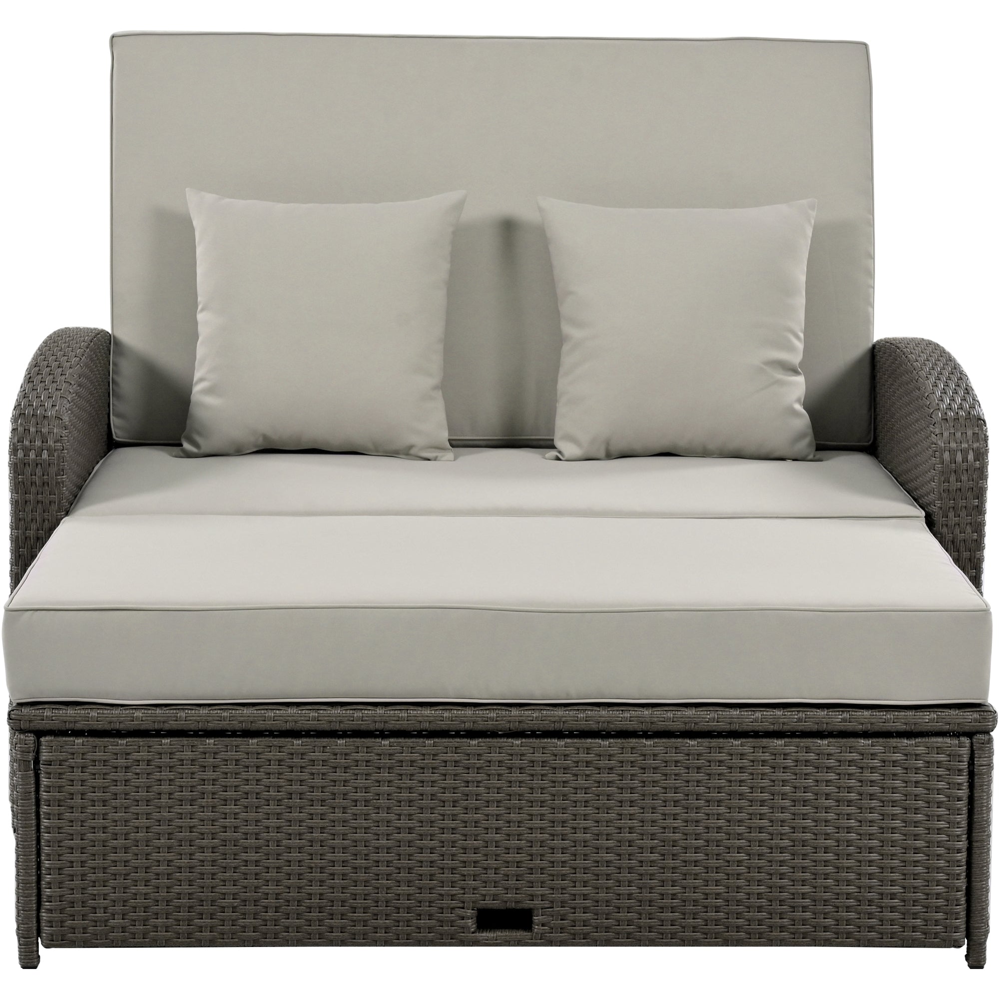 2-Person Rattan Wicker Outdoor Patio Reclining Daybed with Adjustable Back and Gray Cushions