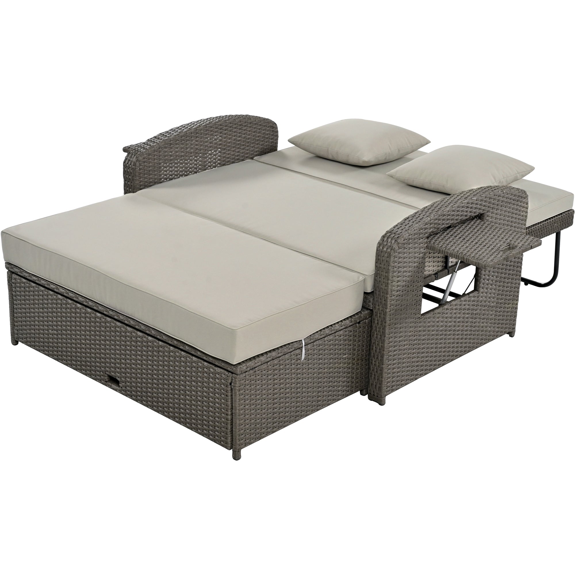 2-Person Rattan Wicker Outdoor Patio Reclining Daybed with Adjustable Back and Gray Cushions
