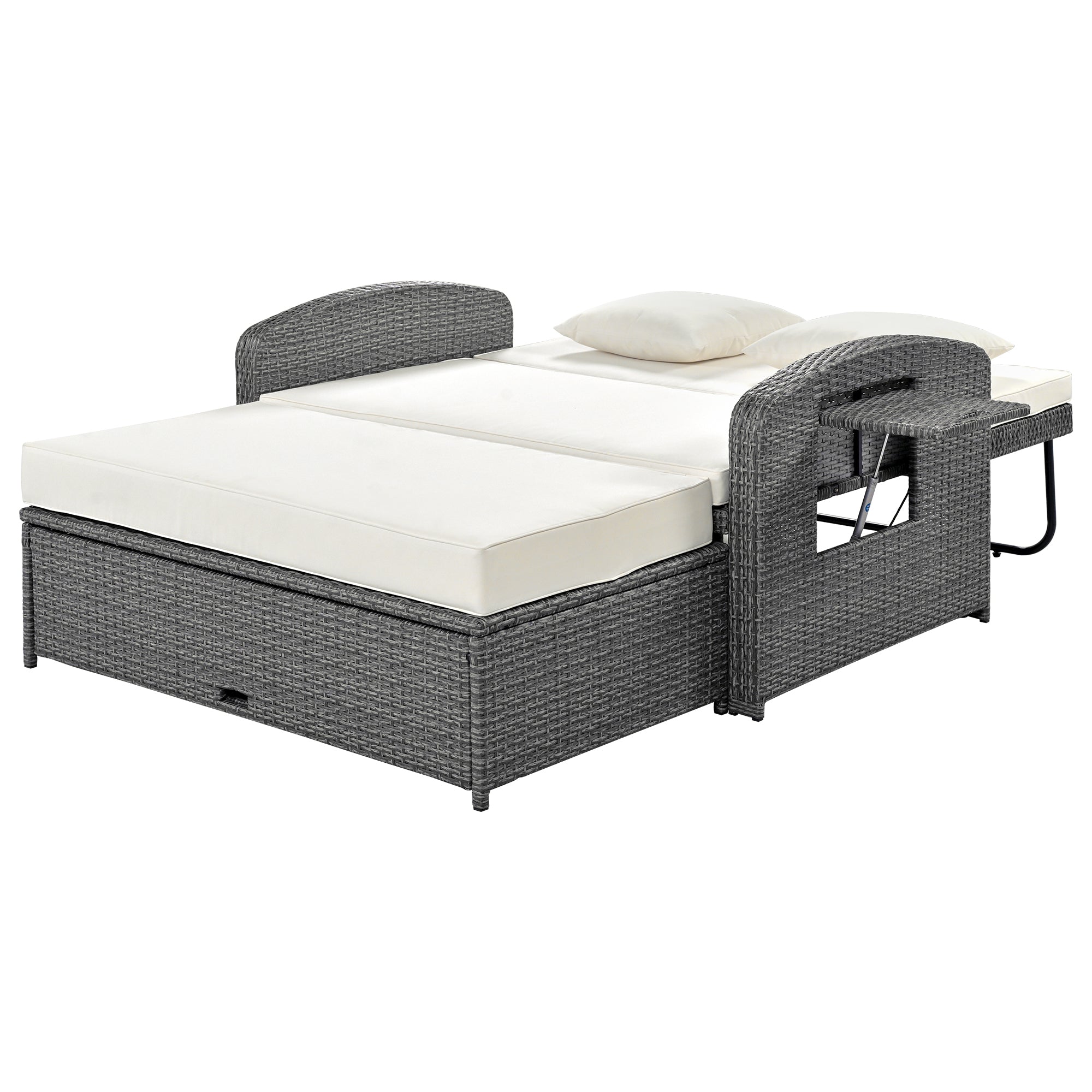 2-Person Rattan Wicker Outdoor Patio Reclining Daybed with Adjustable Back and Cushions