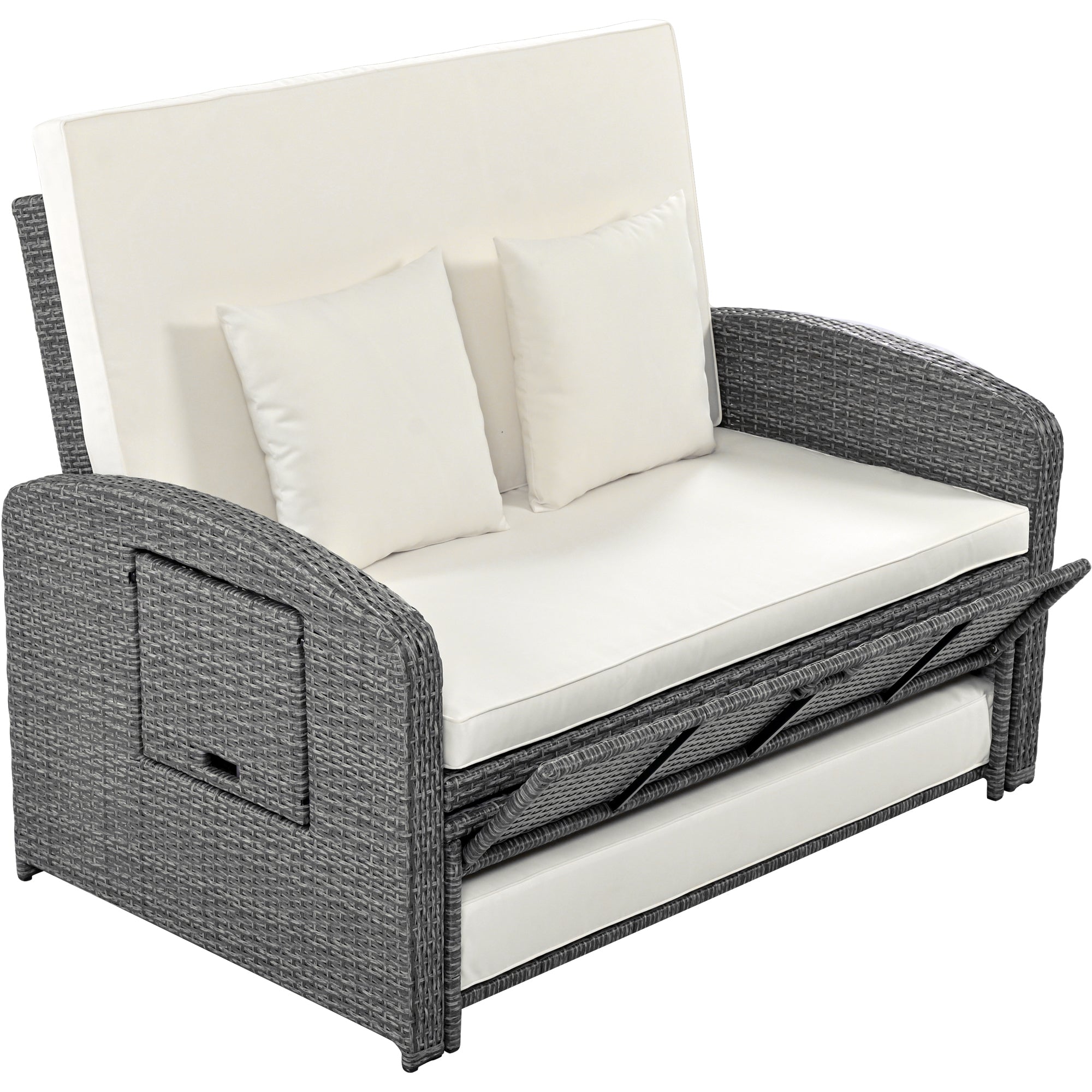 2-Person Rattan Wicker Outdoor Patio Reclining Daybed with Adjustable Back and Cushions