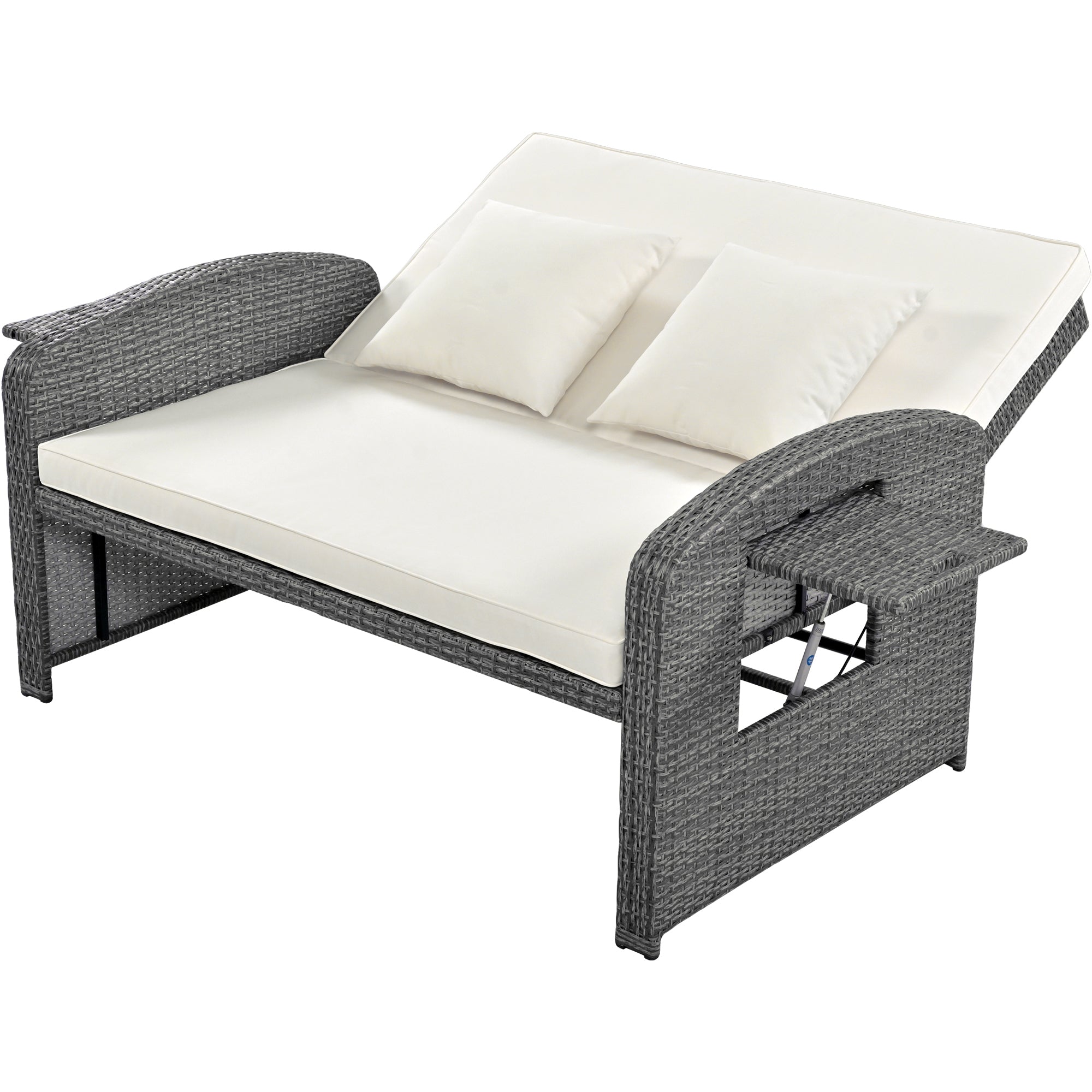 2-Person Rattan Wicker Outdoor Patio Reclining Daybed with Adjustable Back and Cushions