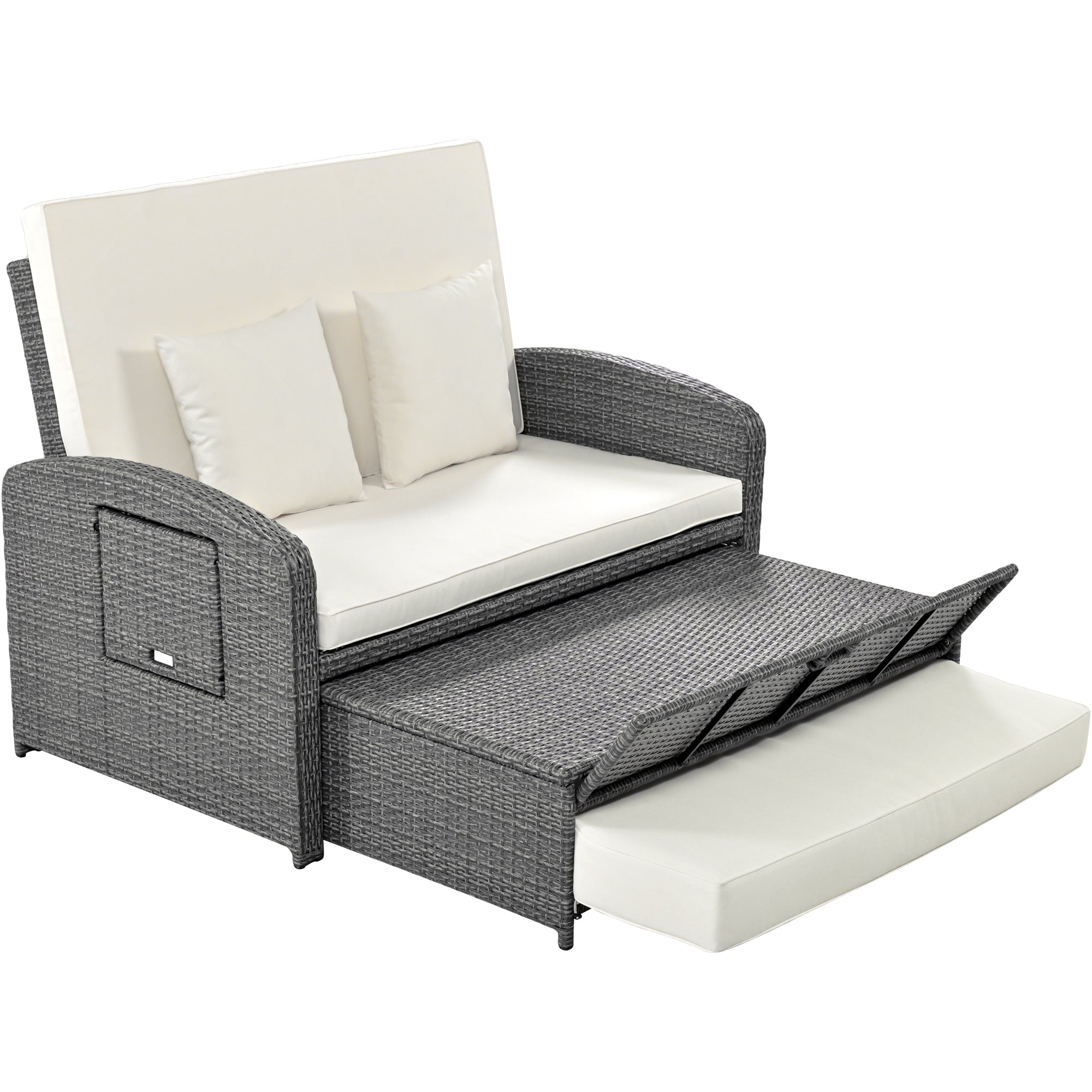 2-Person Rattan Wicker Outdoor Patio Reclining Daybed with Adjustable Back and Cushions