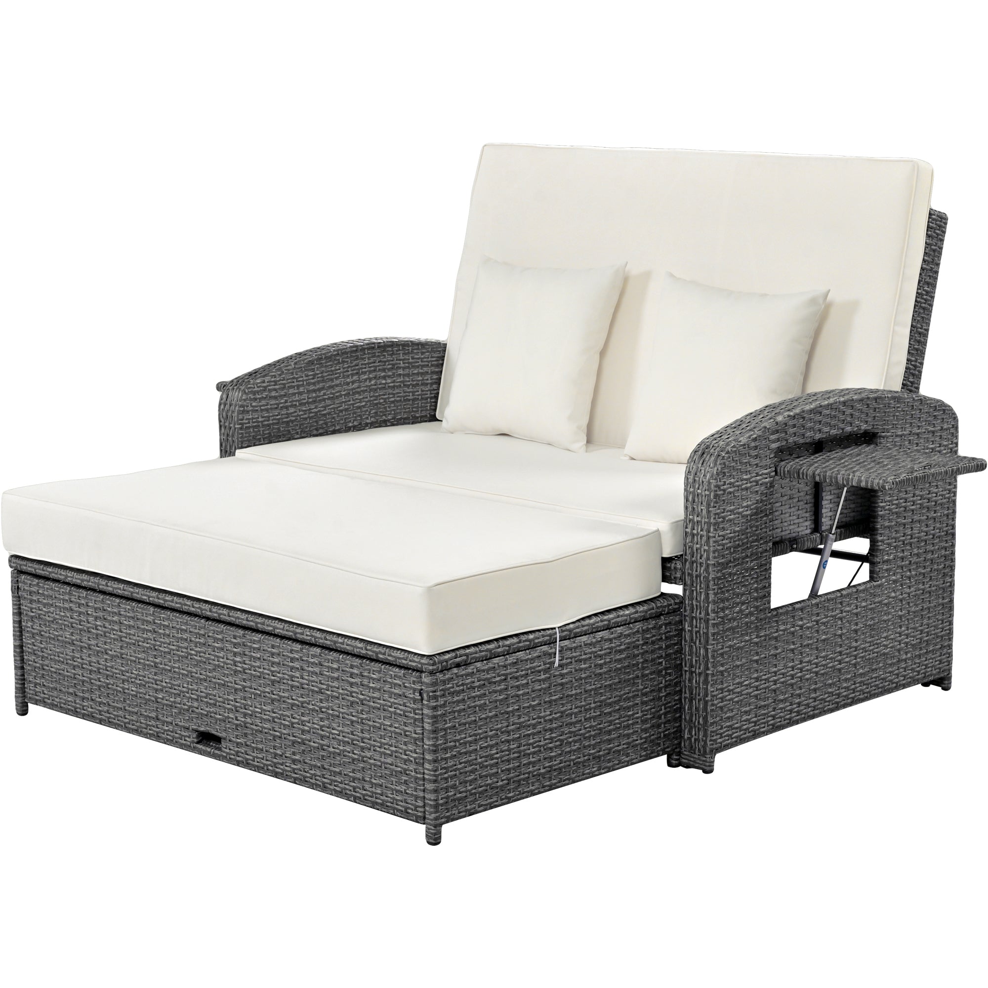 2-Person Rattan Wicker Outdoor Patio Reclining Daybed with Adjustable Back and Cushions